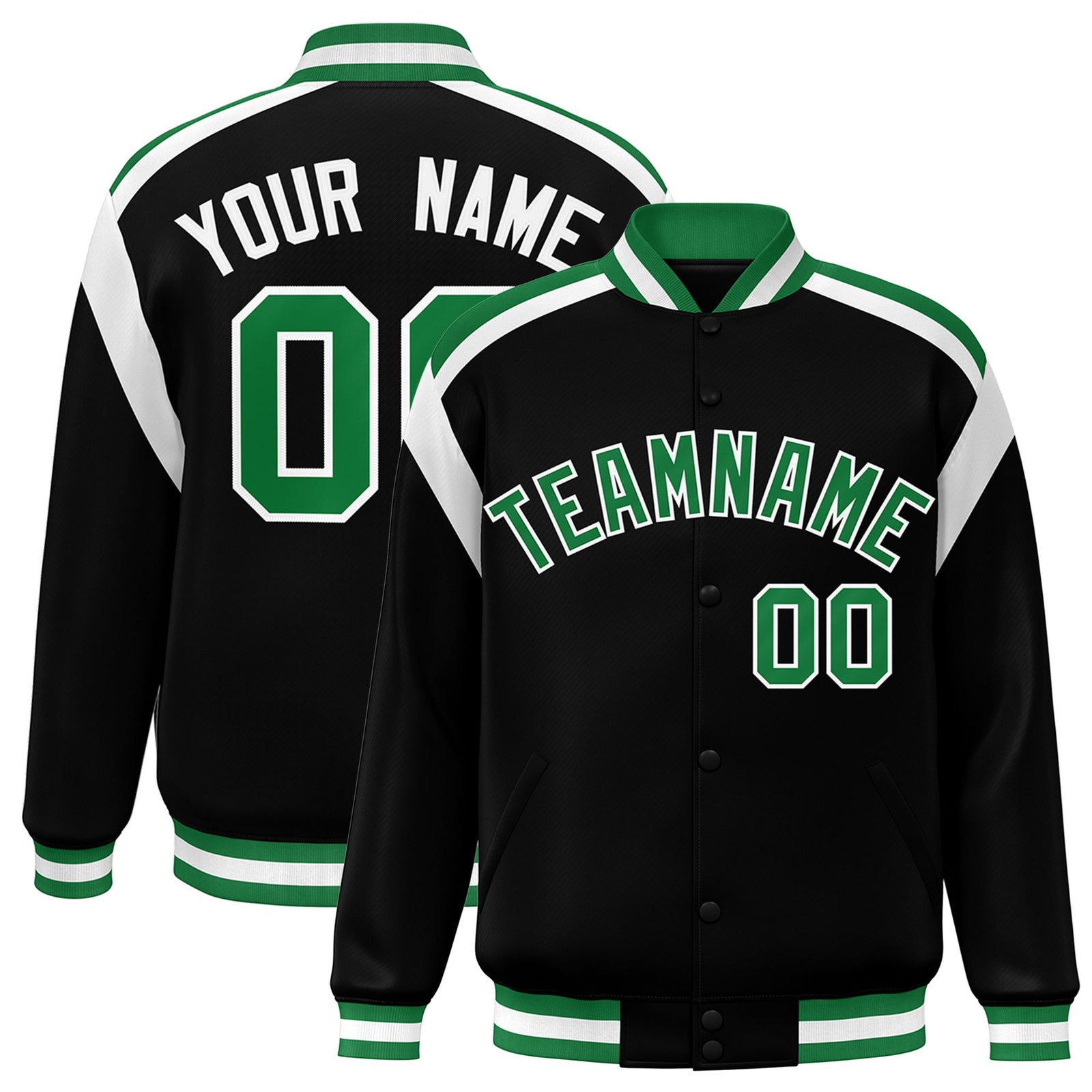 Custom Black Green-White Bomber Full-Snap Varsity Letterman Shoulder Stripe Jacket