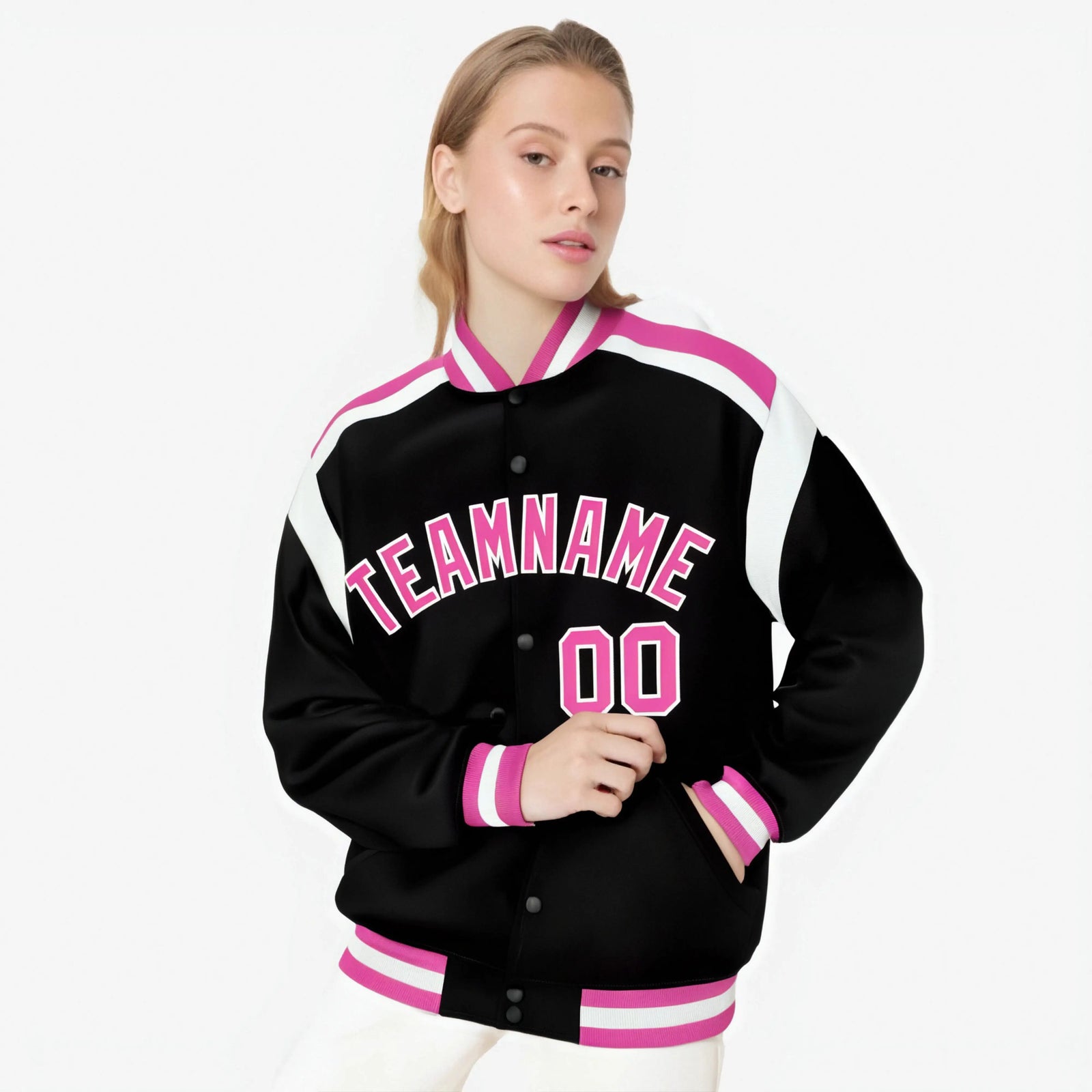 Custom Black Pink-White Bomber Full-Snap Varsity Letterman Shoulder Stripe Jacket