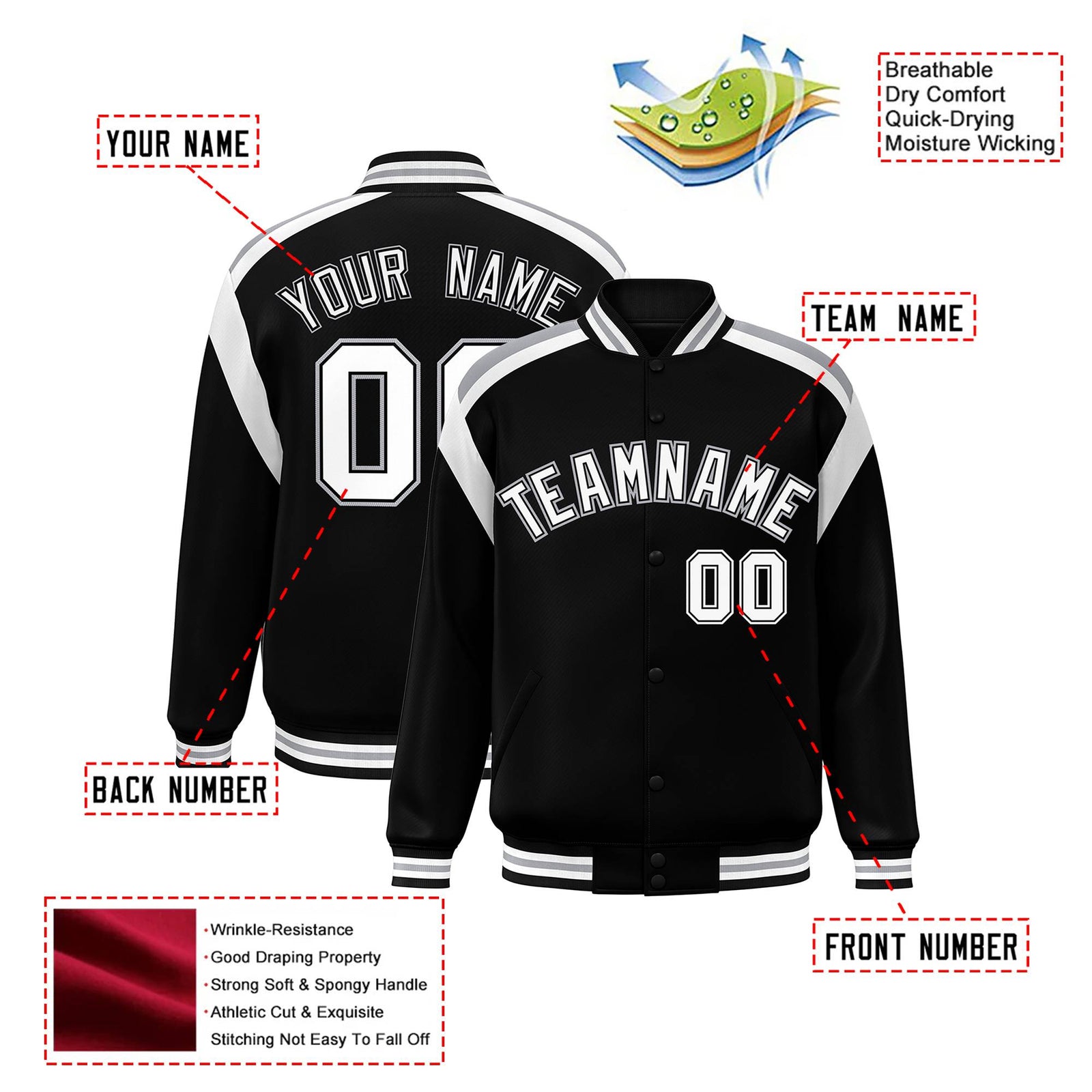 Custom Black Gray-White Bomber Full-Snap Varsity Letterman Shoulder Stripe Jacket