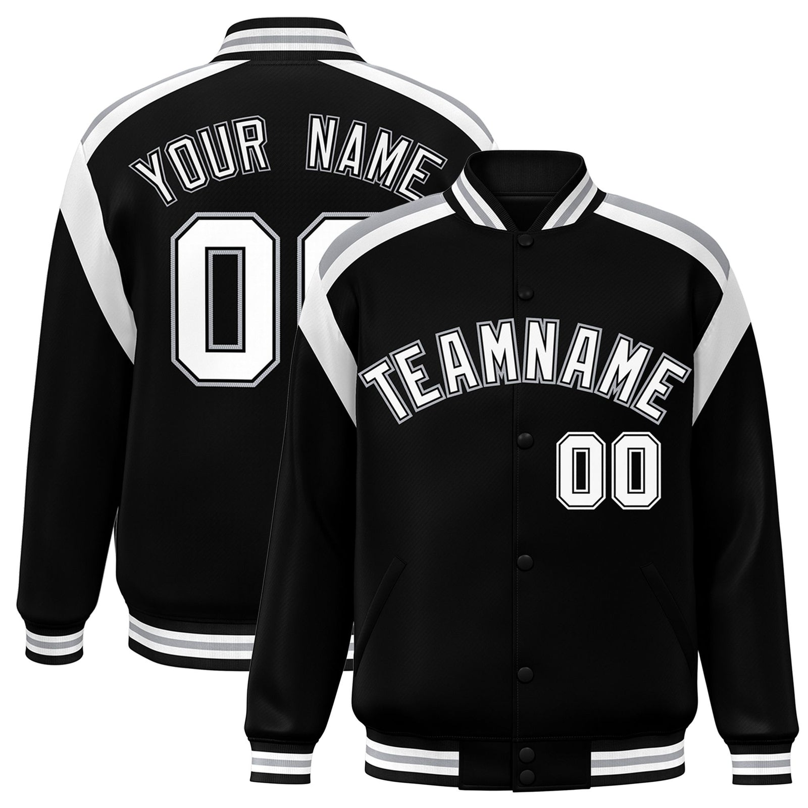Custom Black Gray-White Bomber Full-Snap Varsity Letterman Shoulder Stripe Jacket
