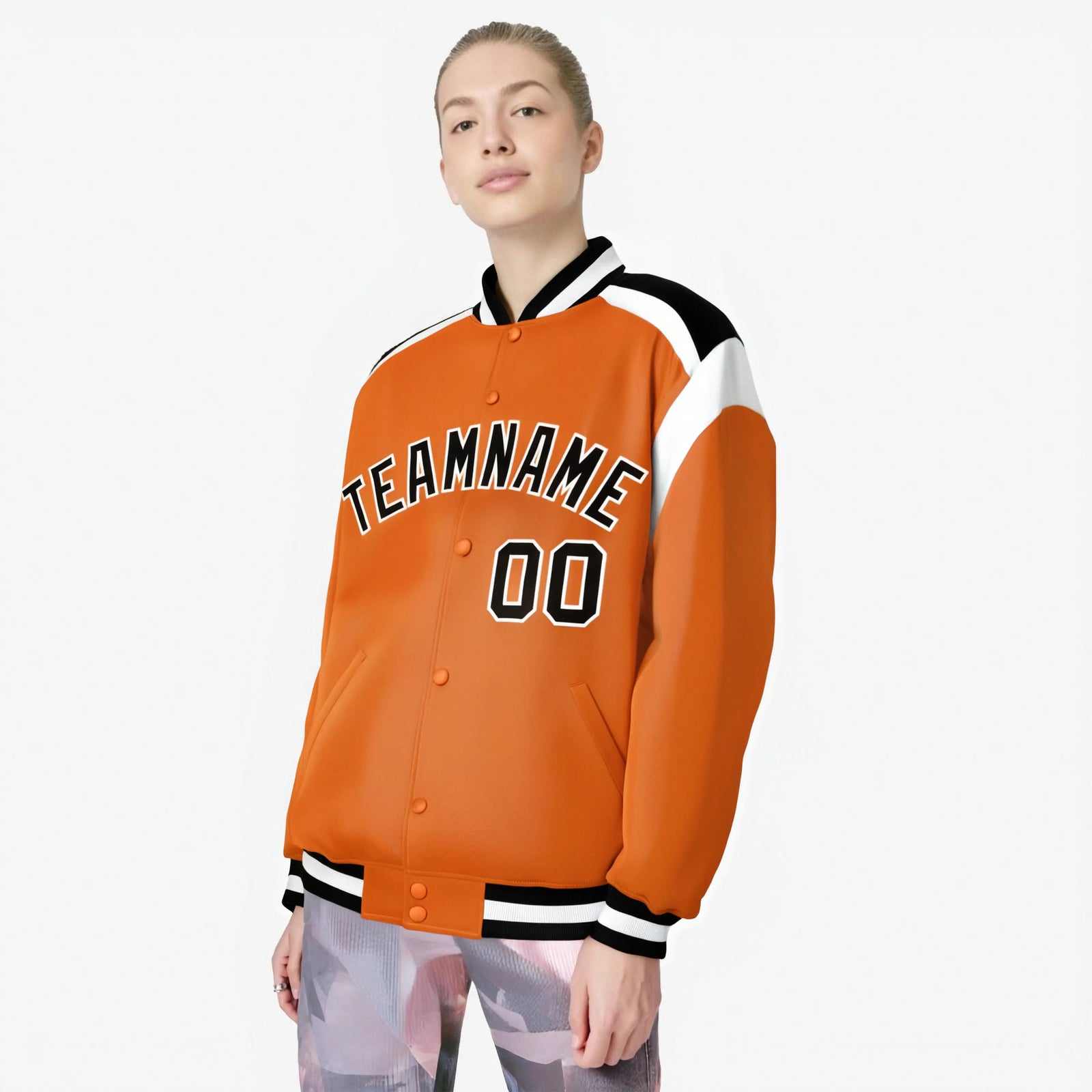 Custom Orange Black-White Bomber Full-Snap Varsity Letterman Shoulder Stripe Jacket