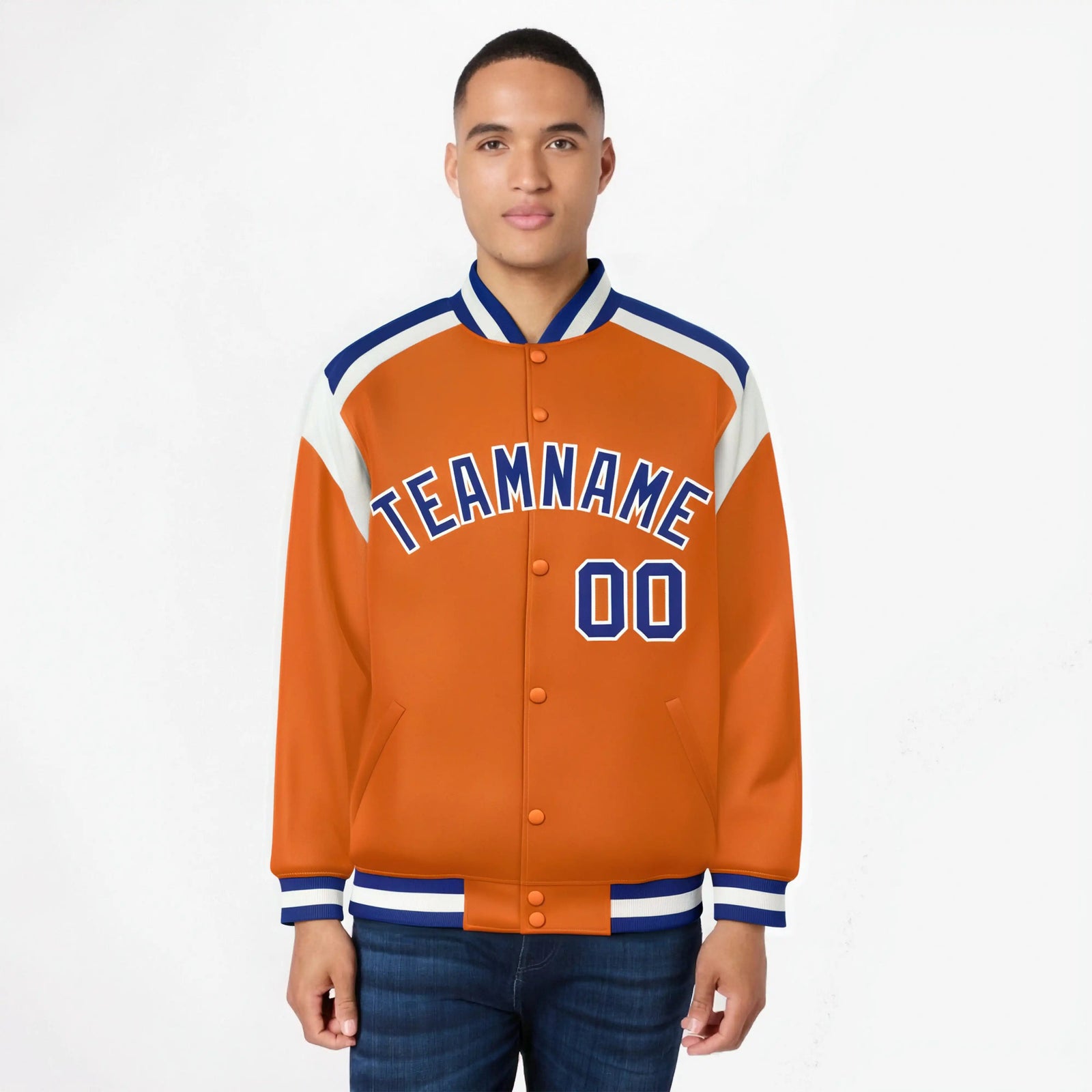 Custom Orange Purple-White Bomber Full-Snap Varsity Letterman Shoulder Stripe Jacket