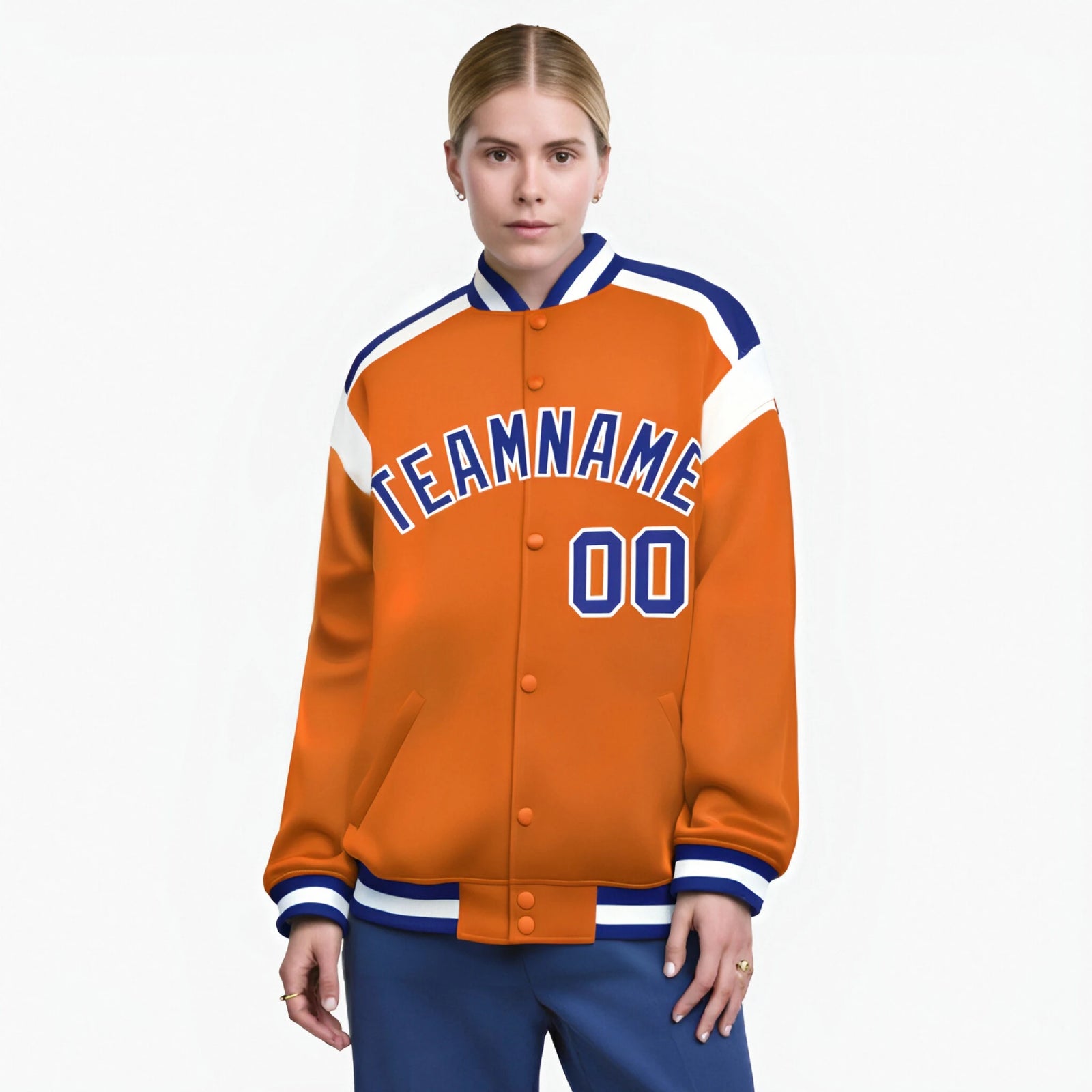 Custom Orange Purple-White Bomber Full-Snap Varsity Letterman Shoulder Stripe Jacket