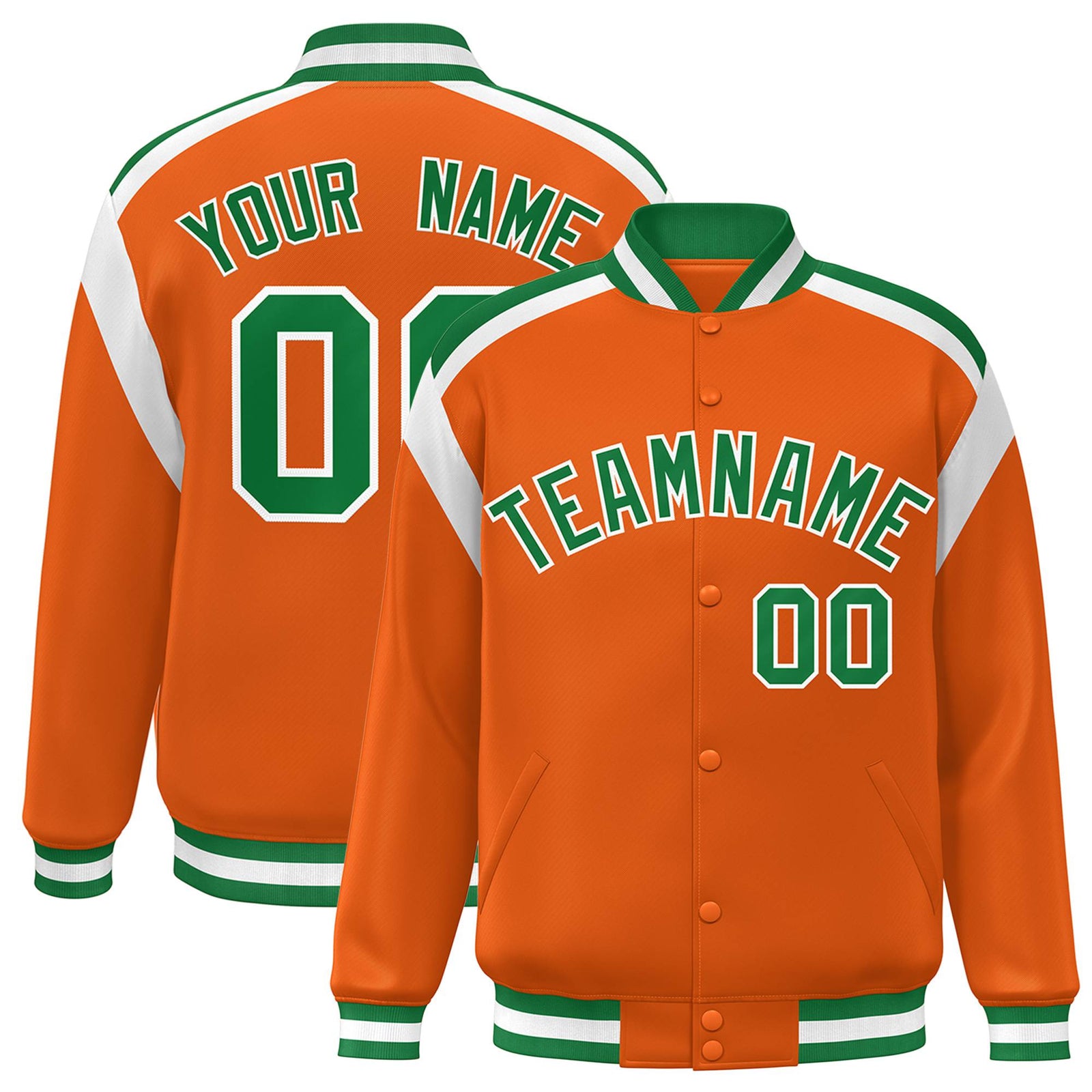 Custom Orange Green-White Bomber Full-Snap Varsity Letterman Shoulder Stripe Jacket