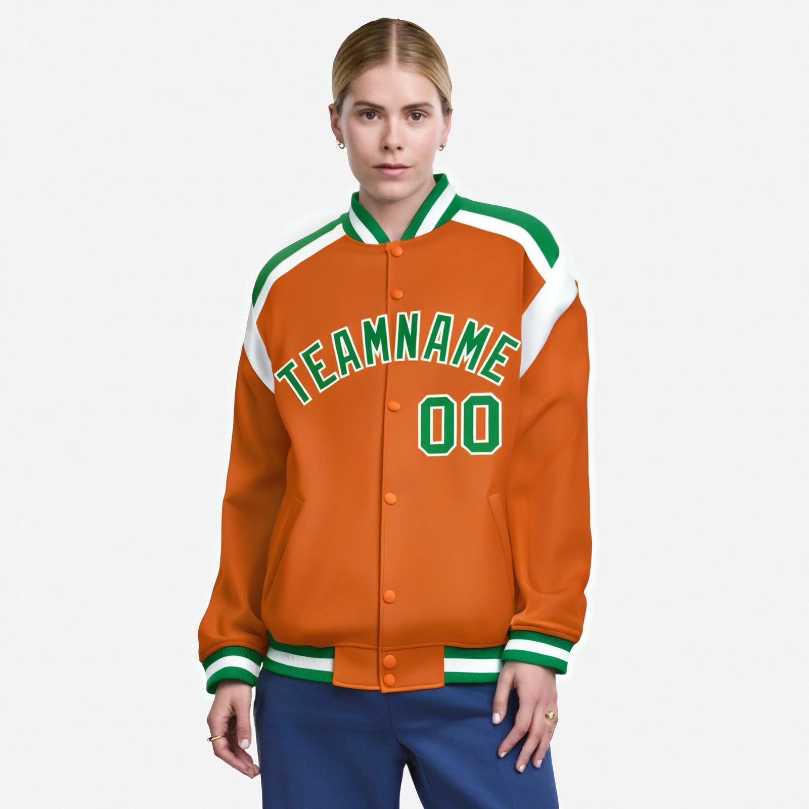 Custom Orange Green-White Bomber Full-Snap Varsity Letterman Shoulder Stripe Jacket