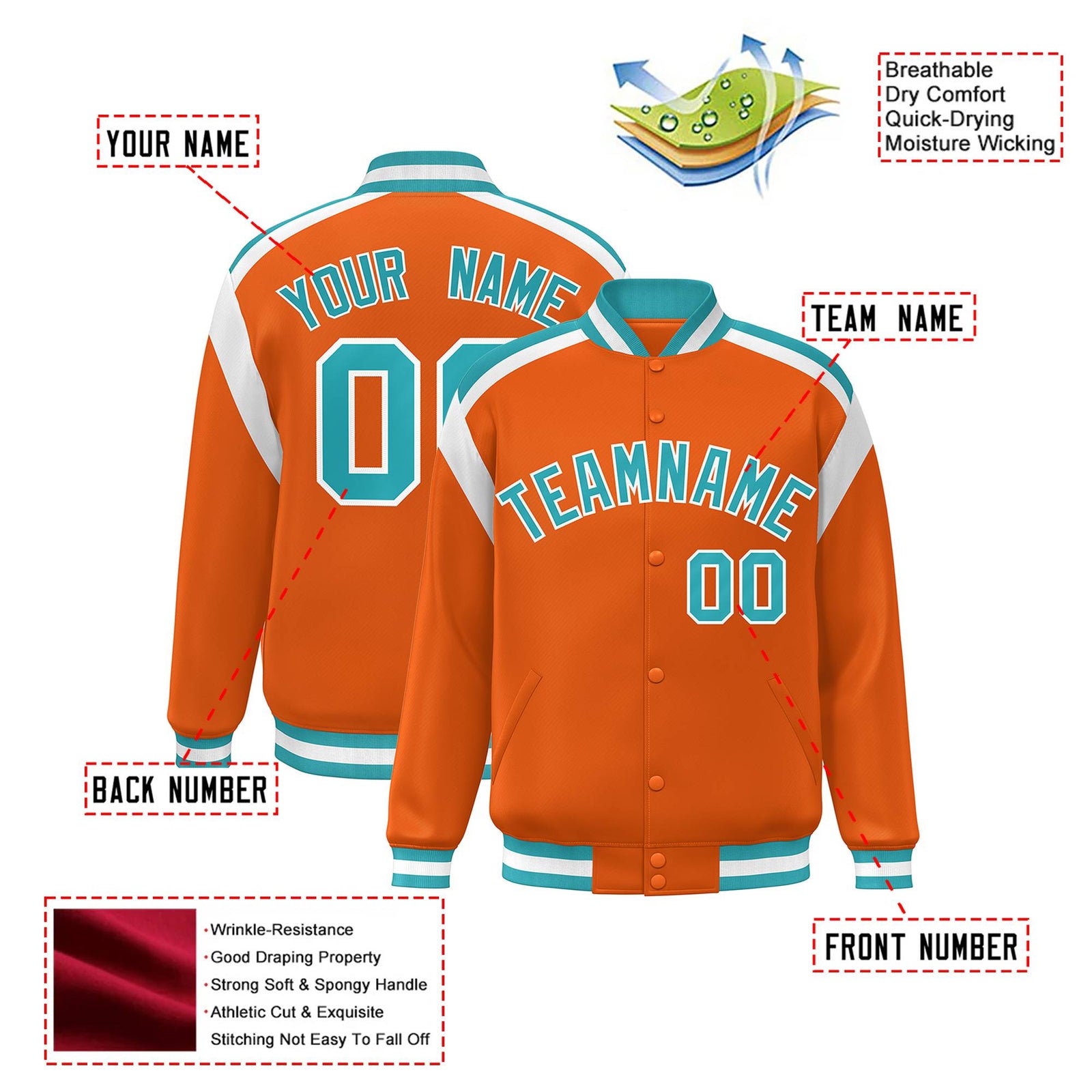 Custom Orange Aqua-White Bomber Full-Snap Varsity Letterman Shoulder Stripe Jacket