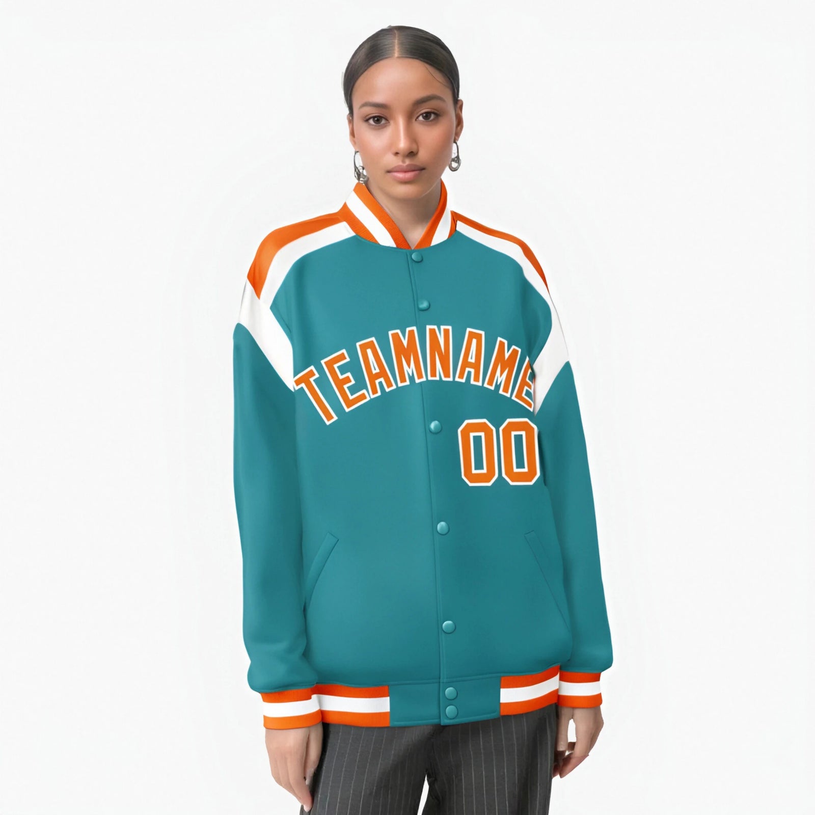 Custom Aqua Orange-White Bomber Full-Snap Varsity Letterman Shoulder Stripe Jacket