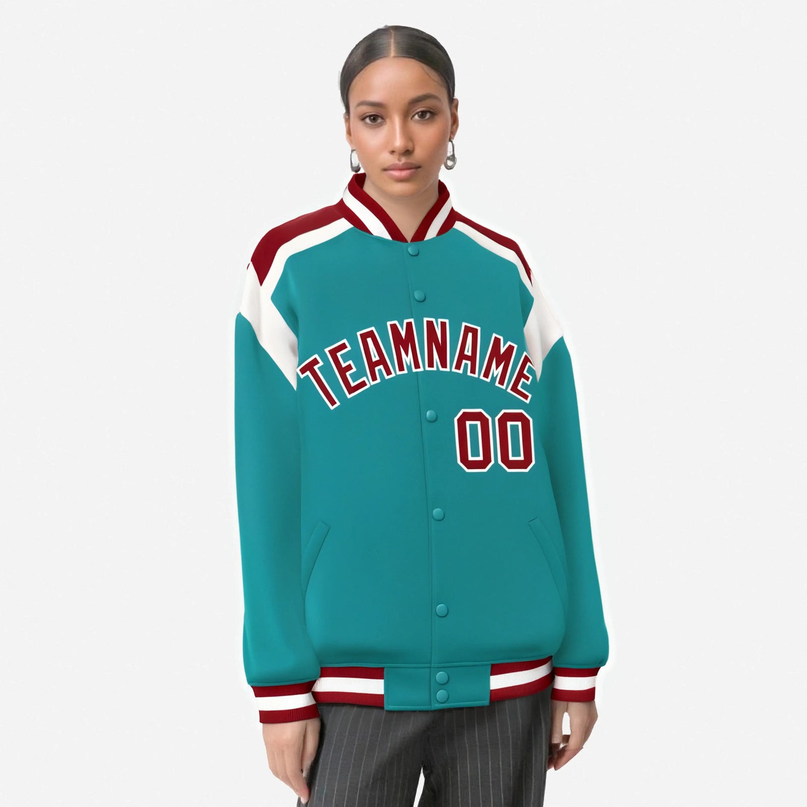 Custom Aqua Red-White Bomber Full-Snap Varsity Letterman Shoulder Stripe Jacket