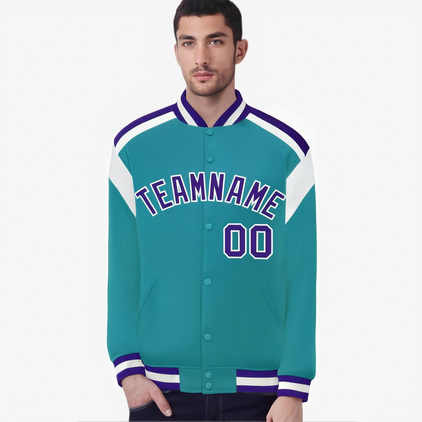 Custom Aqua Purple-White Bomber Full-Snap Varsity Letterman Shoulder Stripe Jacket