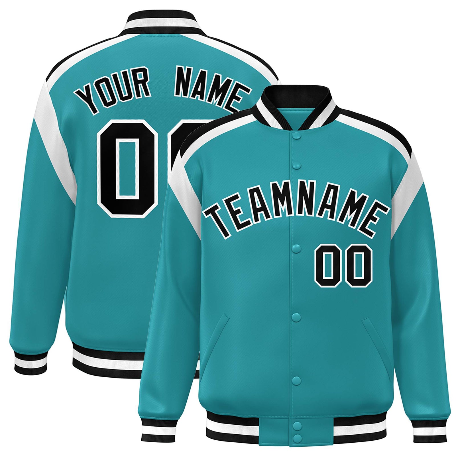 Custom Aqua Black-White Bomber Full-Snap Varsity Letterman Shoulder Stripe Jacket