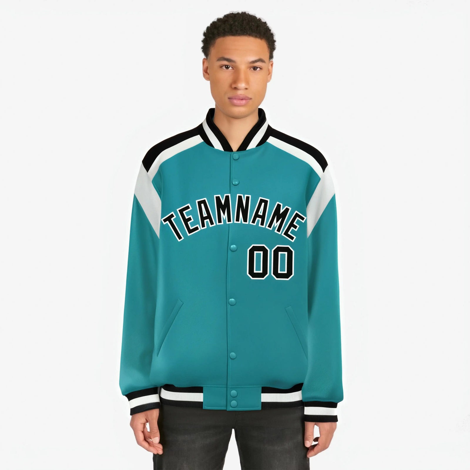 Custom Aqua Black-White Bomber Full-Snap Varsity Letterman Shoulder Stripe Jacket