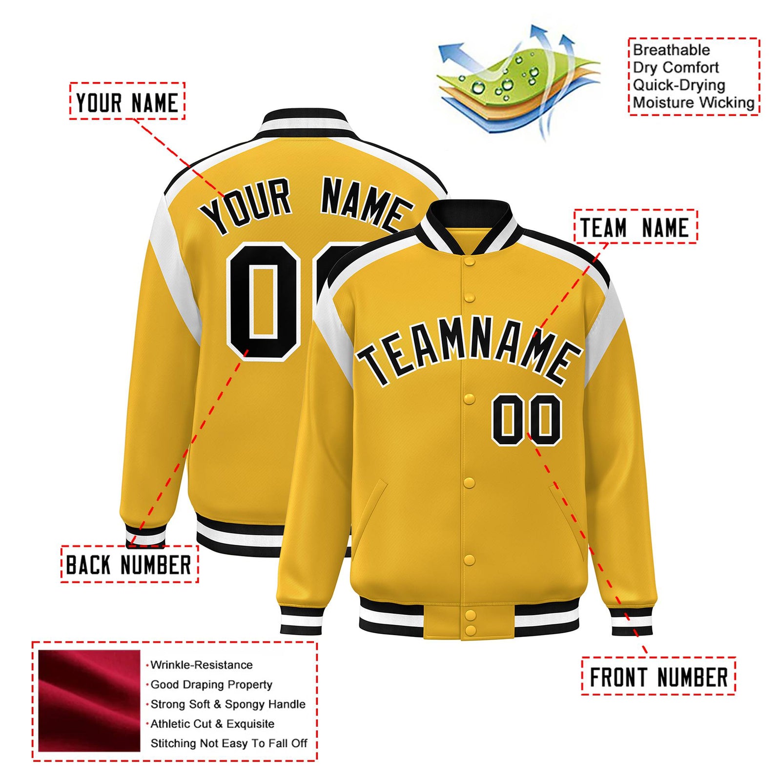 Custom Yellow Black-White Bomber Full-Snap Varsity Letterman Shoulder Stripe Jacket