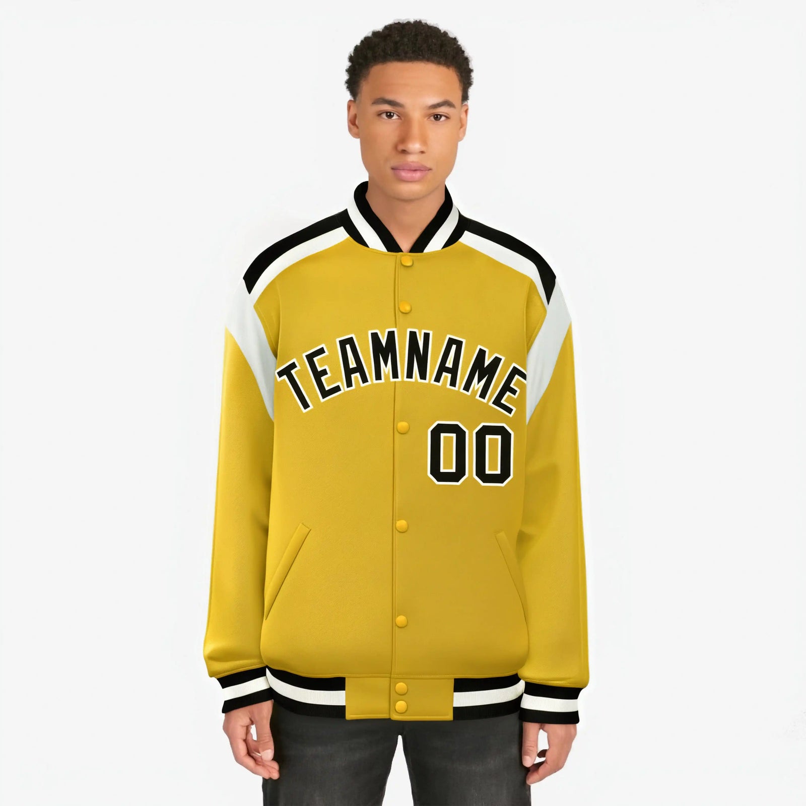 Custom Yellow Black-White Bomber Full-Snap Varsity Letterman Shoulder Stripe Jacket