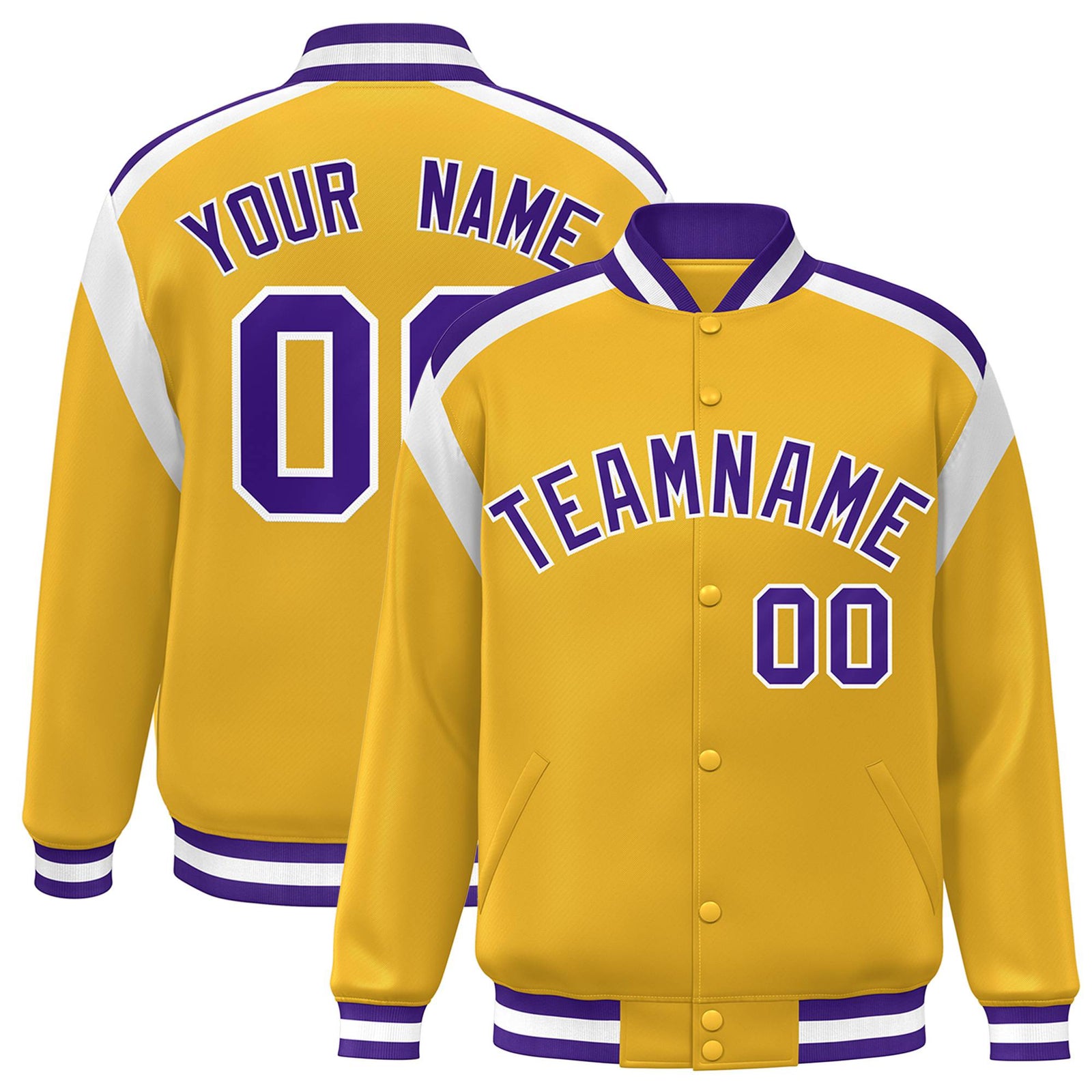 Custom Yellow Purple-White Bomber Full-Snap Varsity Letterman Shoulder Stripe Jacket