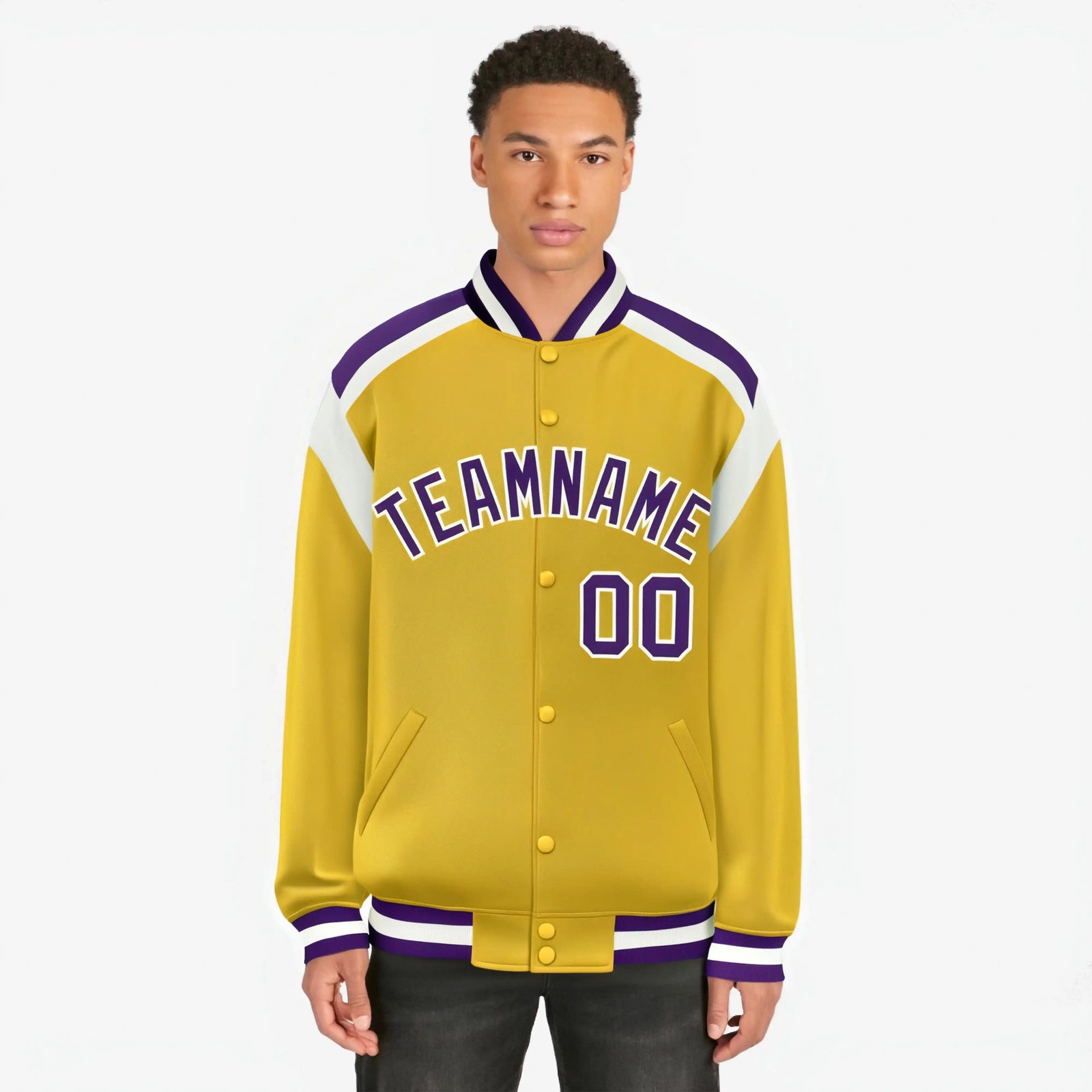 Custom Yellow Purple-White Bomber Full-Snap Varsity Letterman Shoulder Stripe Jacket