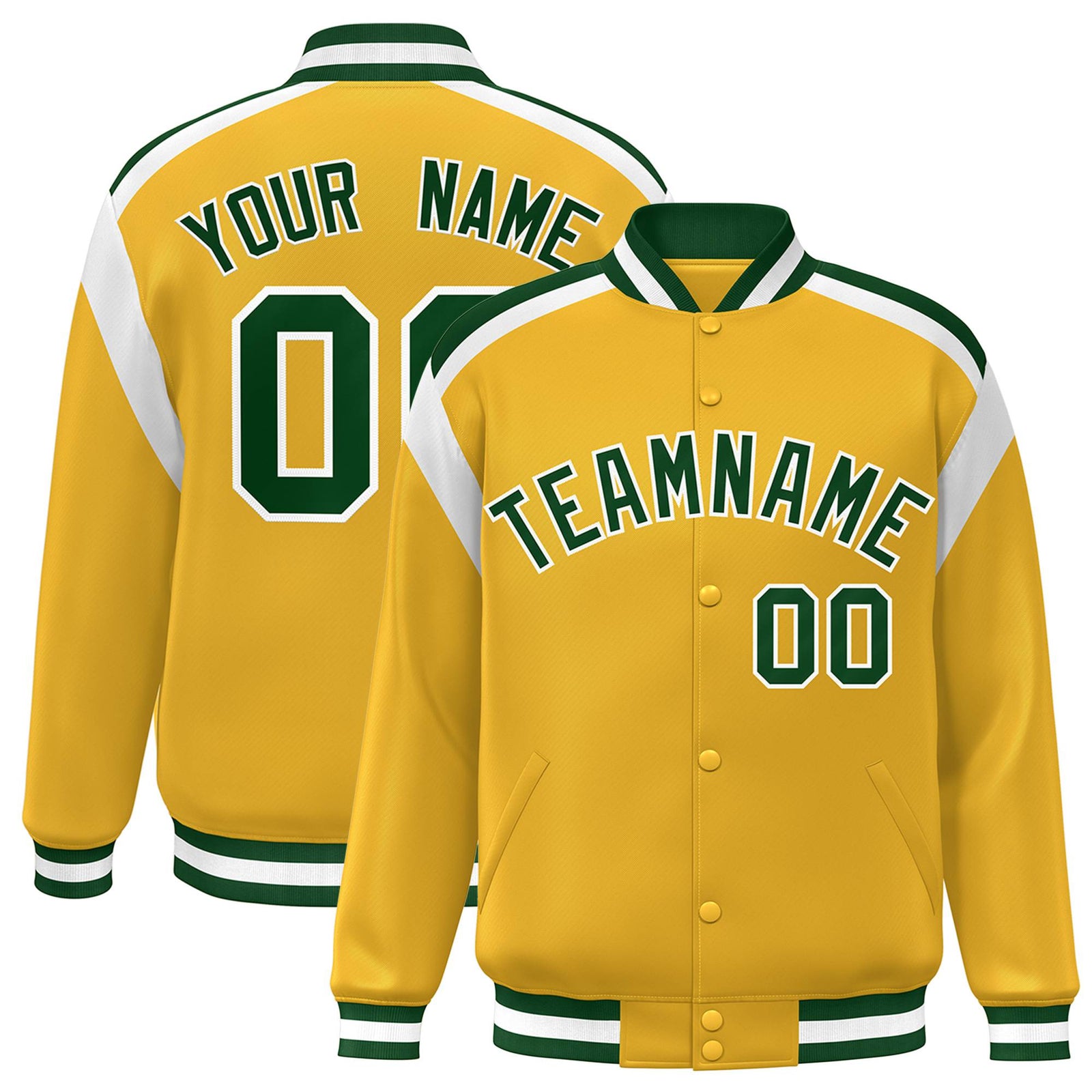 Custom Yellow Green-White Bomber Full-Snap Varsity Letterman Shoulder Stripe Jacket