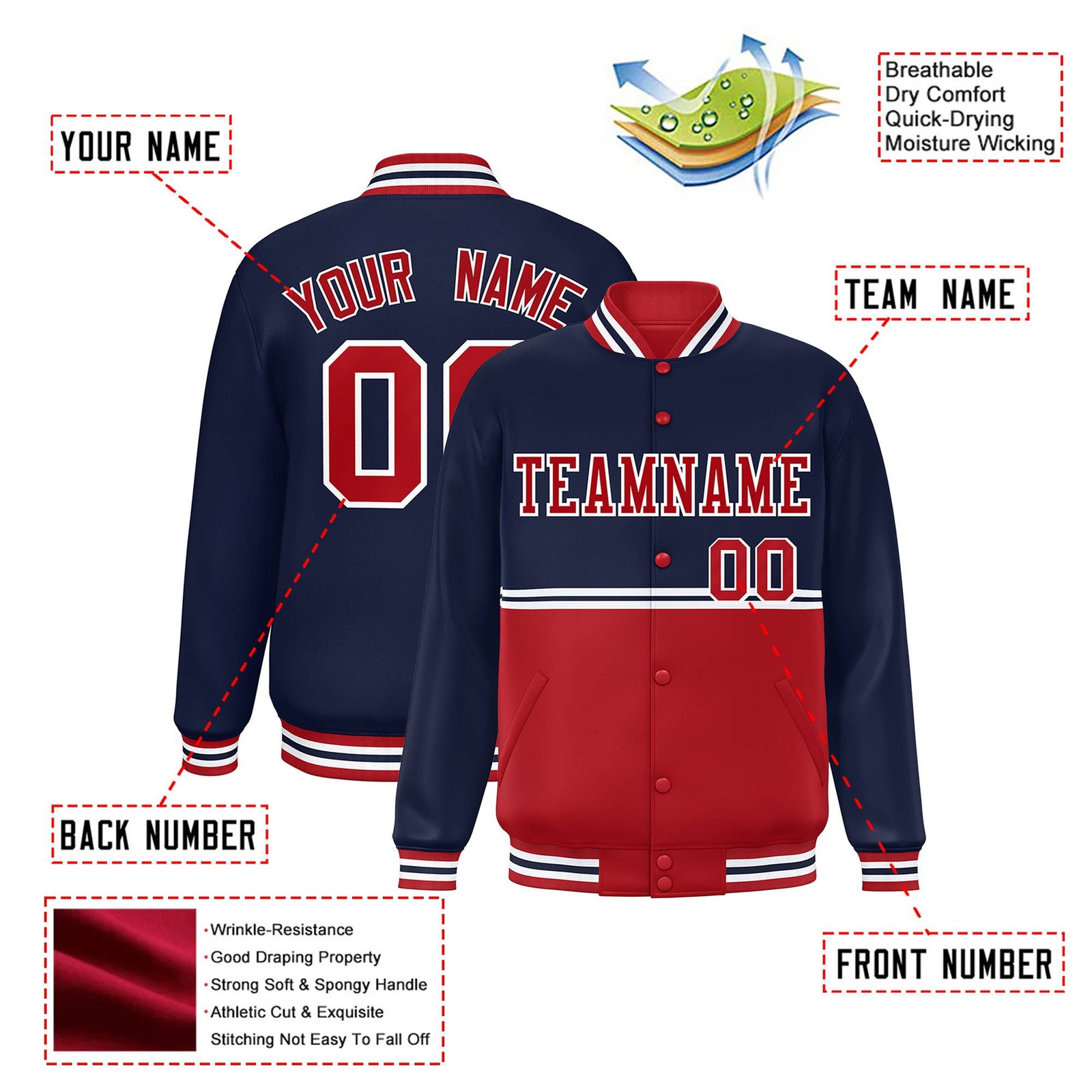 Custom Navy Red-Navy Varsity Full-Snap Letterman Color-Matching Split Fashion Jacket