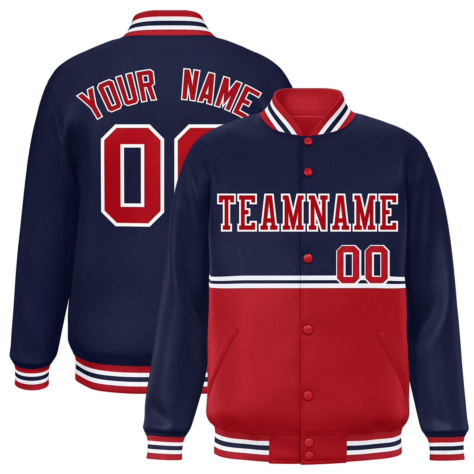 Custom Navy Red-Navy Varsity Full-Snap Letterman Color-Matching Split Fashion Jacket