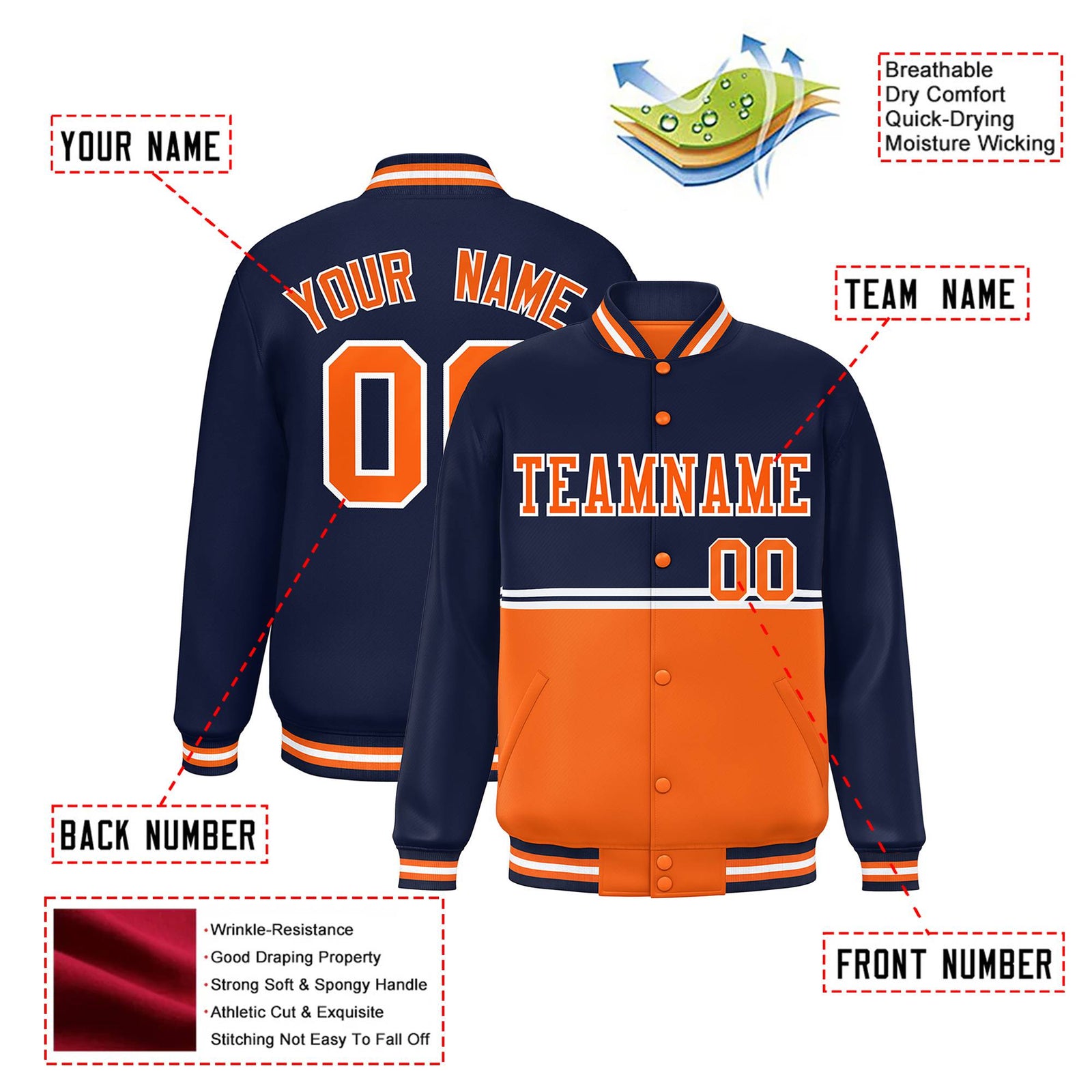 Custom Navy Orange-Navy Varsity Full-Snap Letterman Color-Matching Split Fashion Jacket