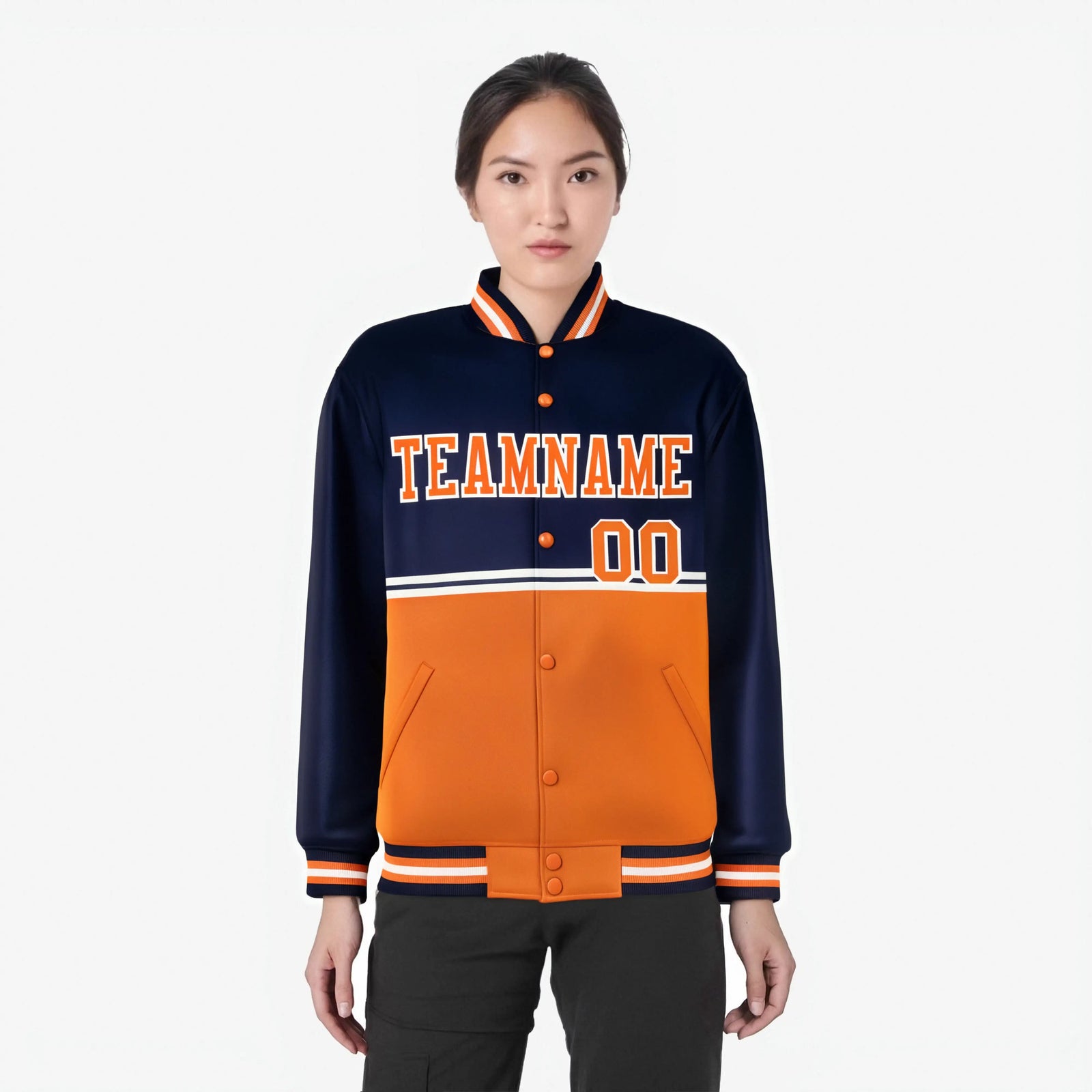 Custom Navy Orange-Navy Varsity Full-Snap Letterman Color-Matching Split Fashion Jacket