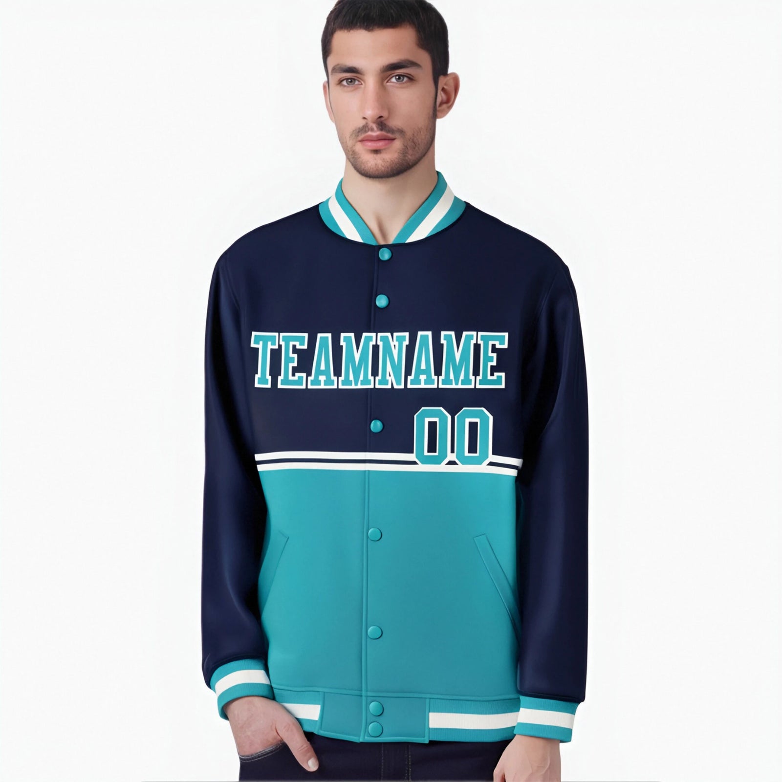 Custom Navy Aqua-Navy Varsity Full-Snap Letterman Color-Matching Split Fashion Jacket