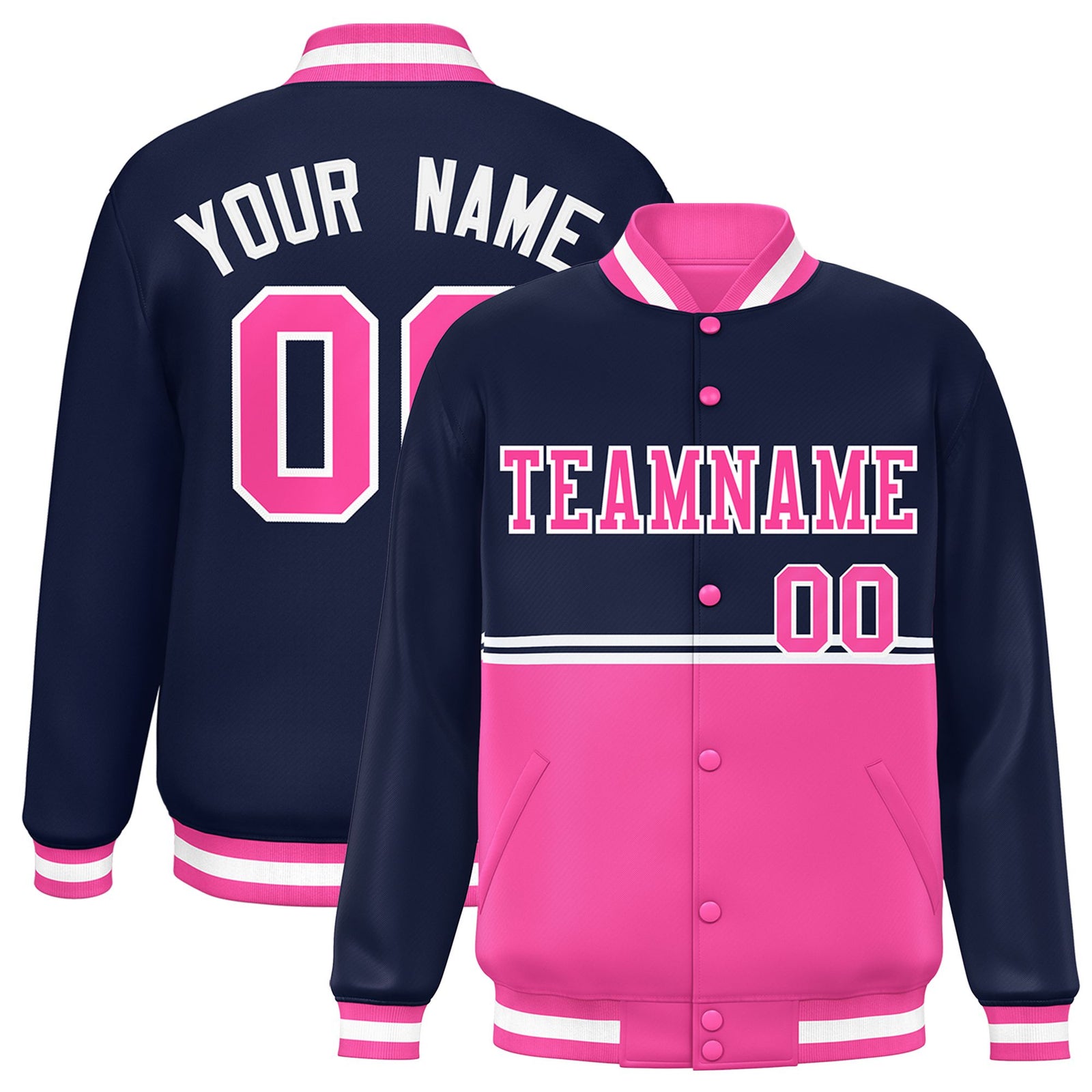 Custom Navy Pink-Navy Varsity Full-Snap Letterman Color-Matching Split Fashion Jacket