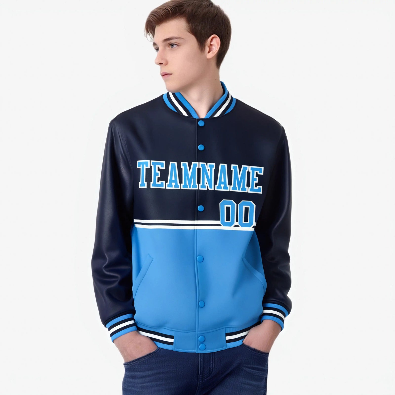 Custom Navy Powder Blue-Navy Varsity Full-Snap Letterman Color-Matching Split Fashion Jacket