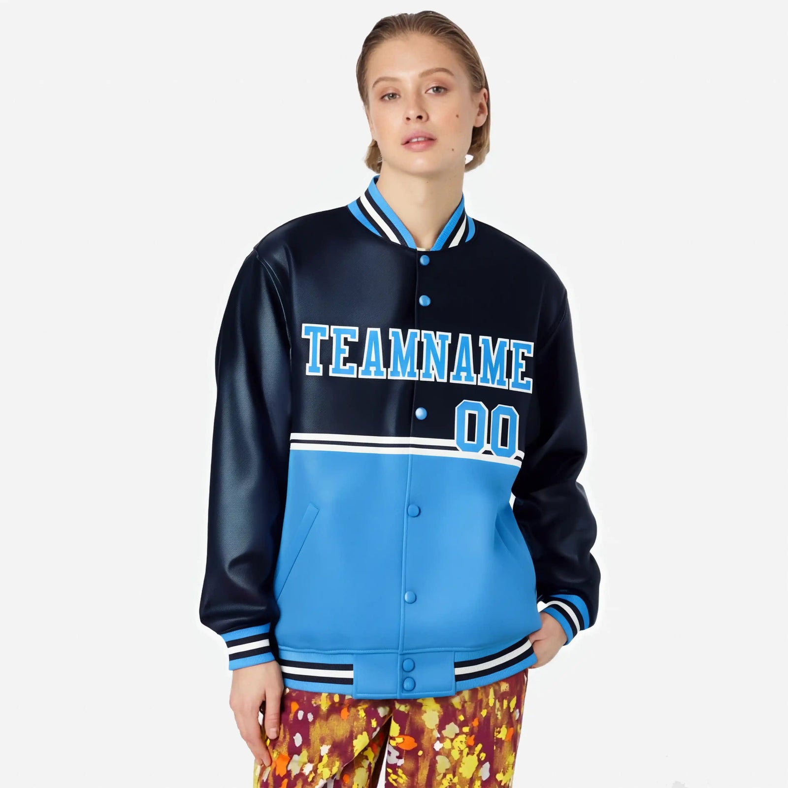 Custom Navy Powder Blue-Navy Varsity Full-Snap Letterman Color-Matching Split Fashion Jacket