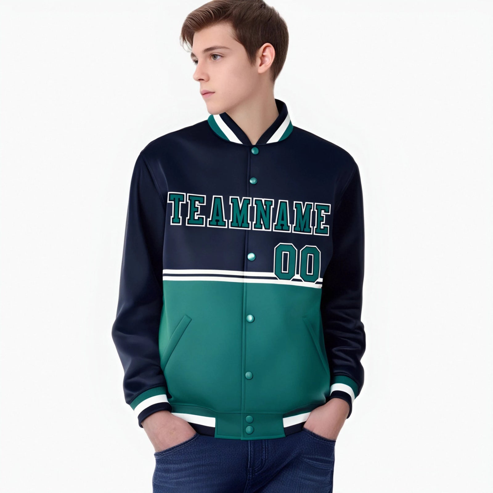 Custom Navy Aqua-Navy Varsity Full-Snap Letterman Color-Matching Split Fashion Jacket