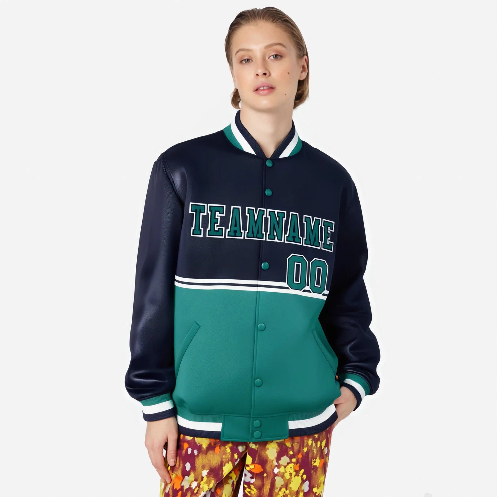 Custom Navy Aqua-Navy Varsity Full-Snap Letterman Color-Matching Split Fashion Jacket