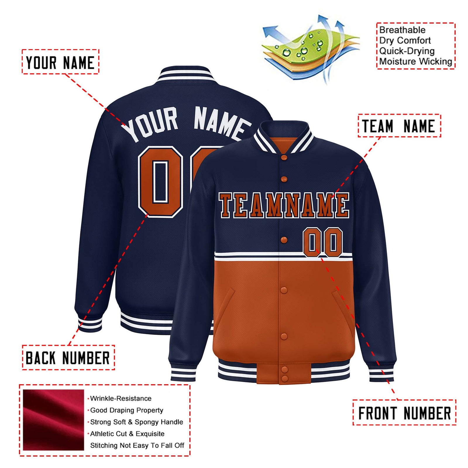 Custom Navy Munsell-Navy Varsity Full-Snap Letterman Color-Matching Split Fashion Jacket