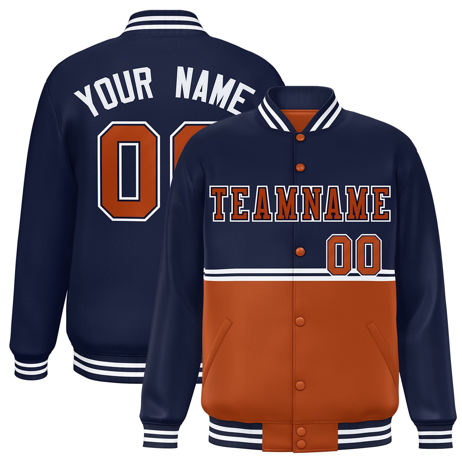 Custom Navy Munsell-Navy Varsity Full-Snap Letterman Color-Matching Split Fashion Jacket