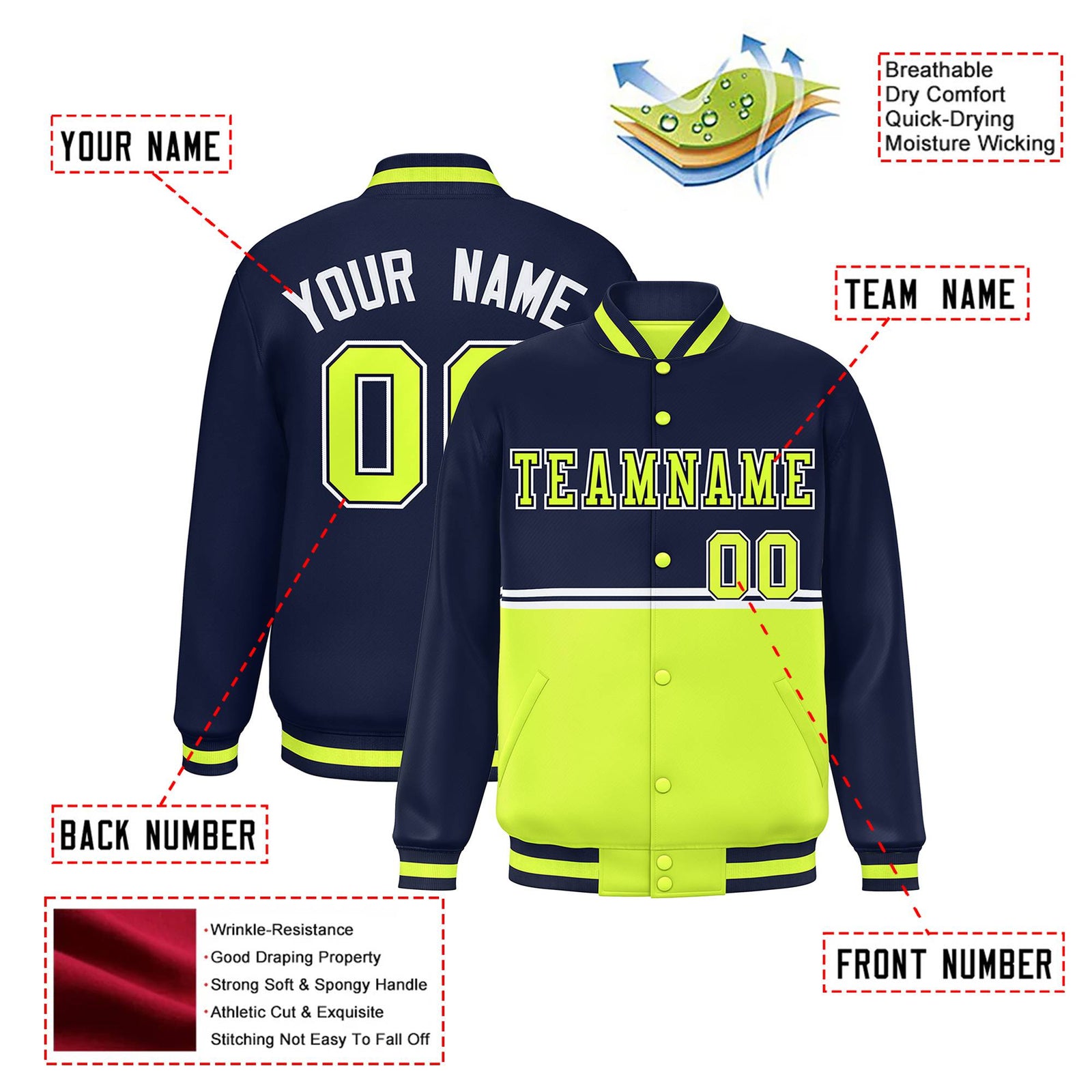Custom Navy Fluorescent Green-Navy Varsity Full-Snap Letterman Color-Matching Split Fashion Jacket