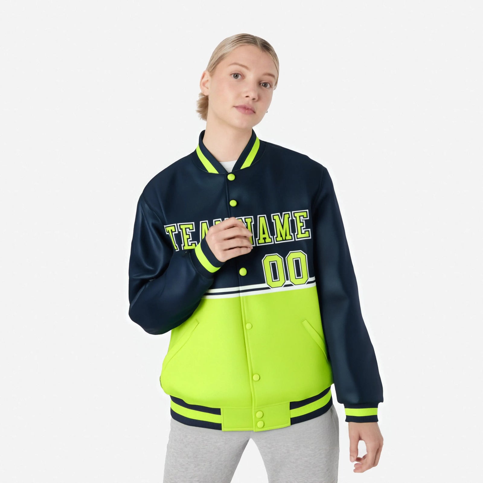 Custom Navy Fluorescent Green-Navy Varsity Full-Snap Letterman Color-Matching Split Fashion Jacket
