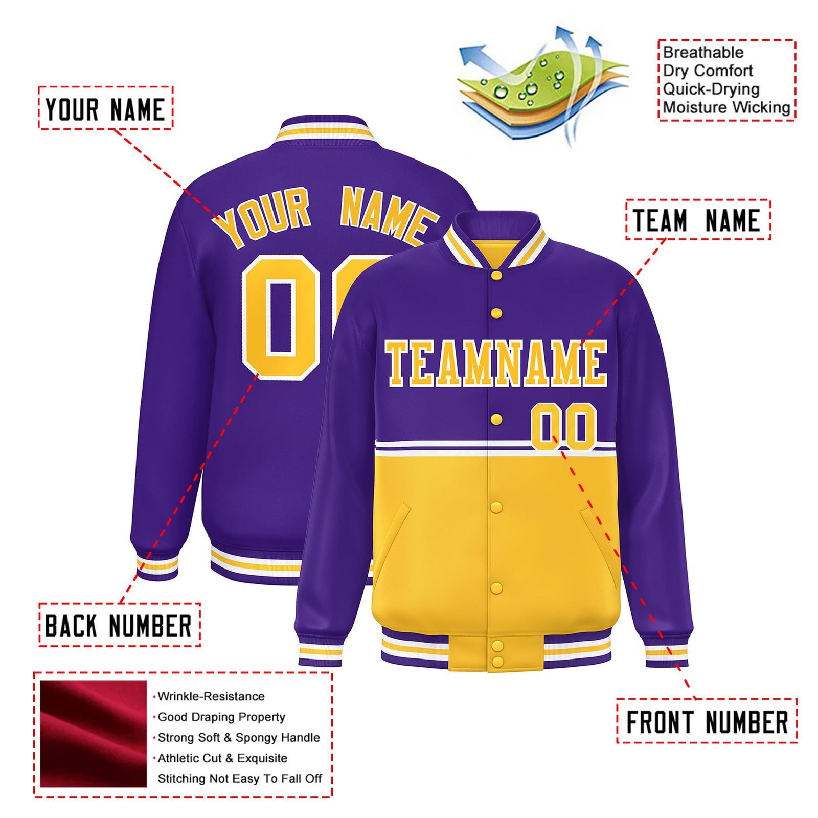 Custom Purple Gold-Purple Varsity Full-Snap Letterman Color-Matching Split Fashion Jacket