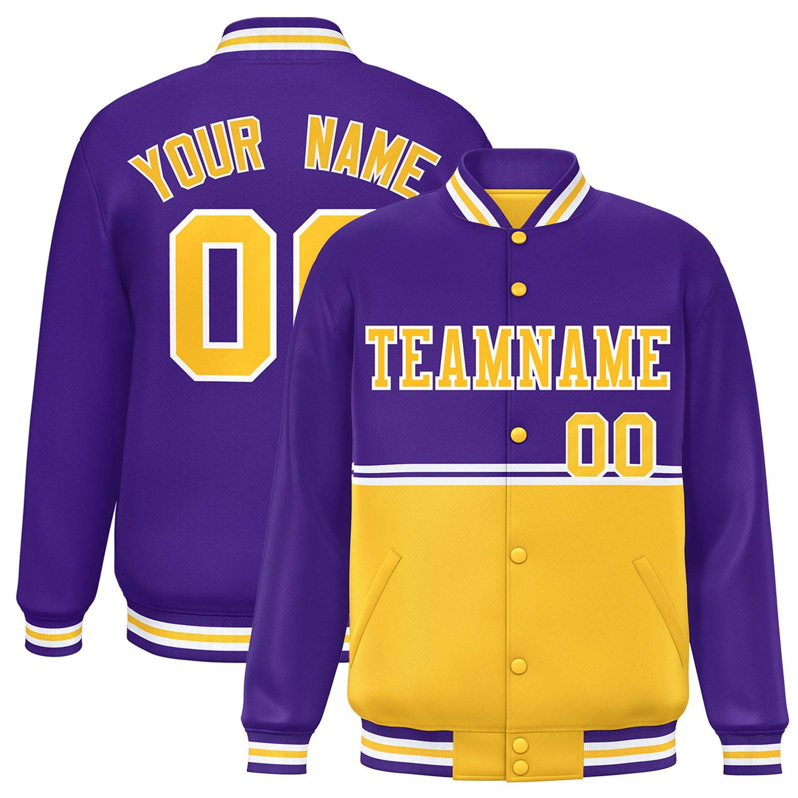 Custom Purple Gold-Purple Varsity Full-Snap Letterman Color-Matching Split Fashion Jacket