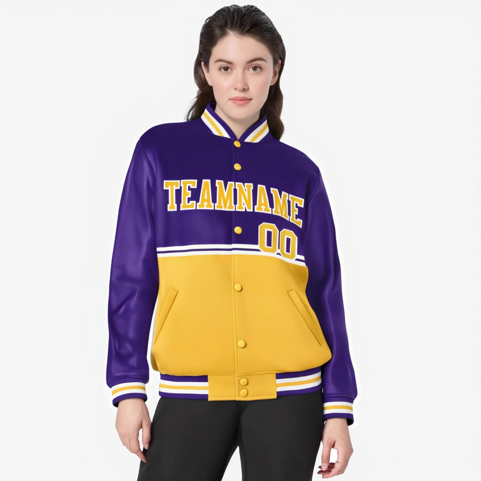 Custom Purple Gold-Purple Varsity Full-Snap Letterman Color-Matching Split Fashion Jacket
