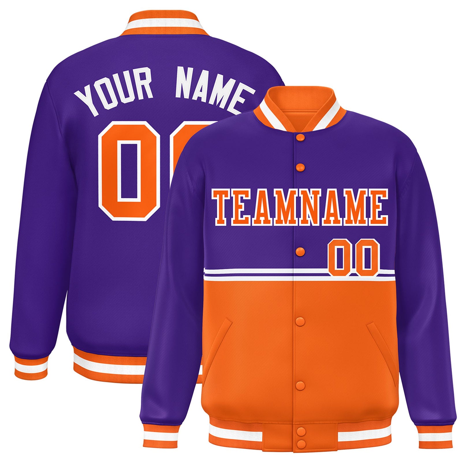 Custom Purple Orange-Purple Varsity Full-Snap Letterman Color-Matching Split Fashion Jacket
