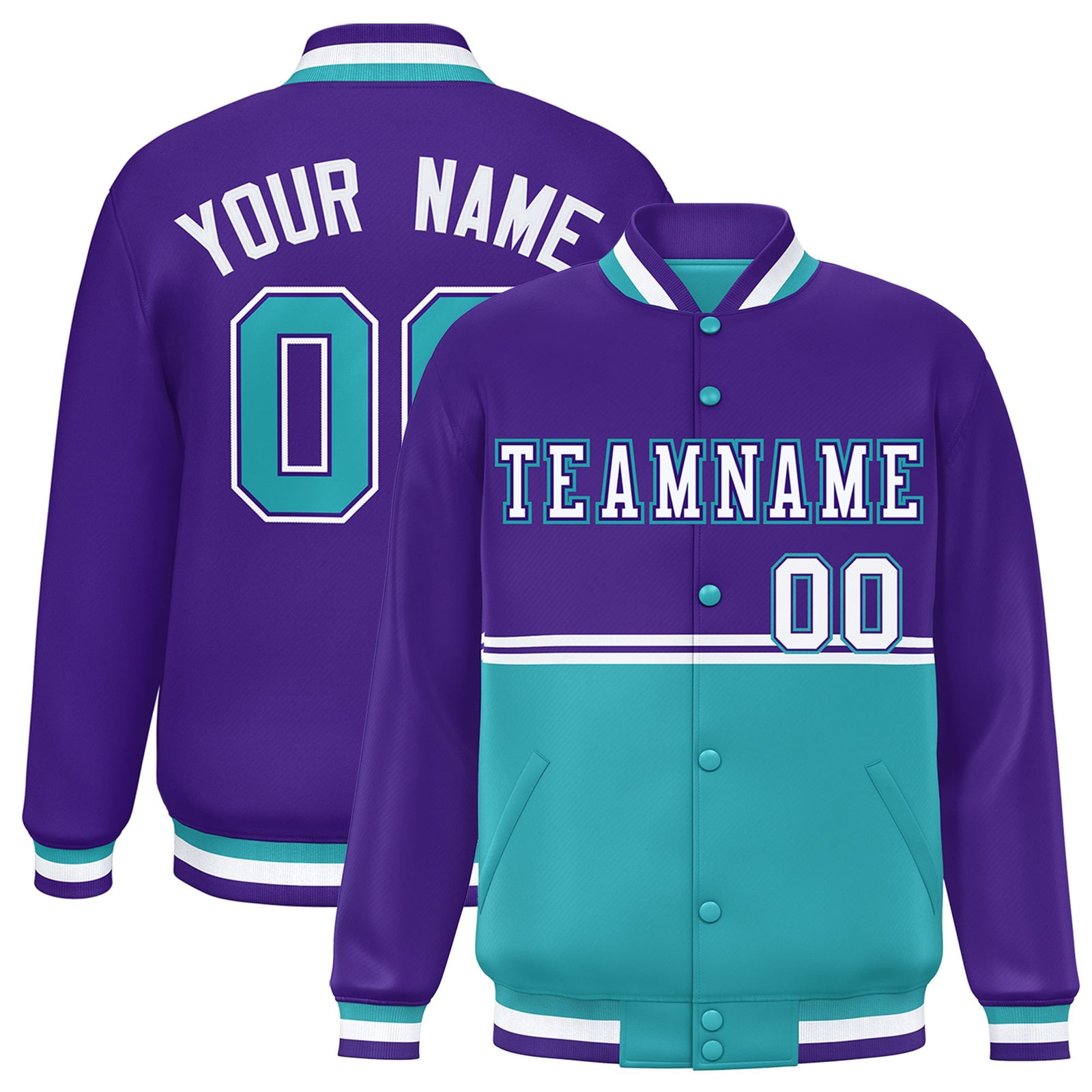 Custom Purple Aqua-Purple Varsity Full-Snap Letterman Color-Matching Split Fashion Jacket