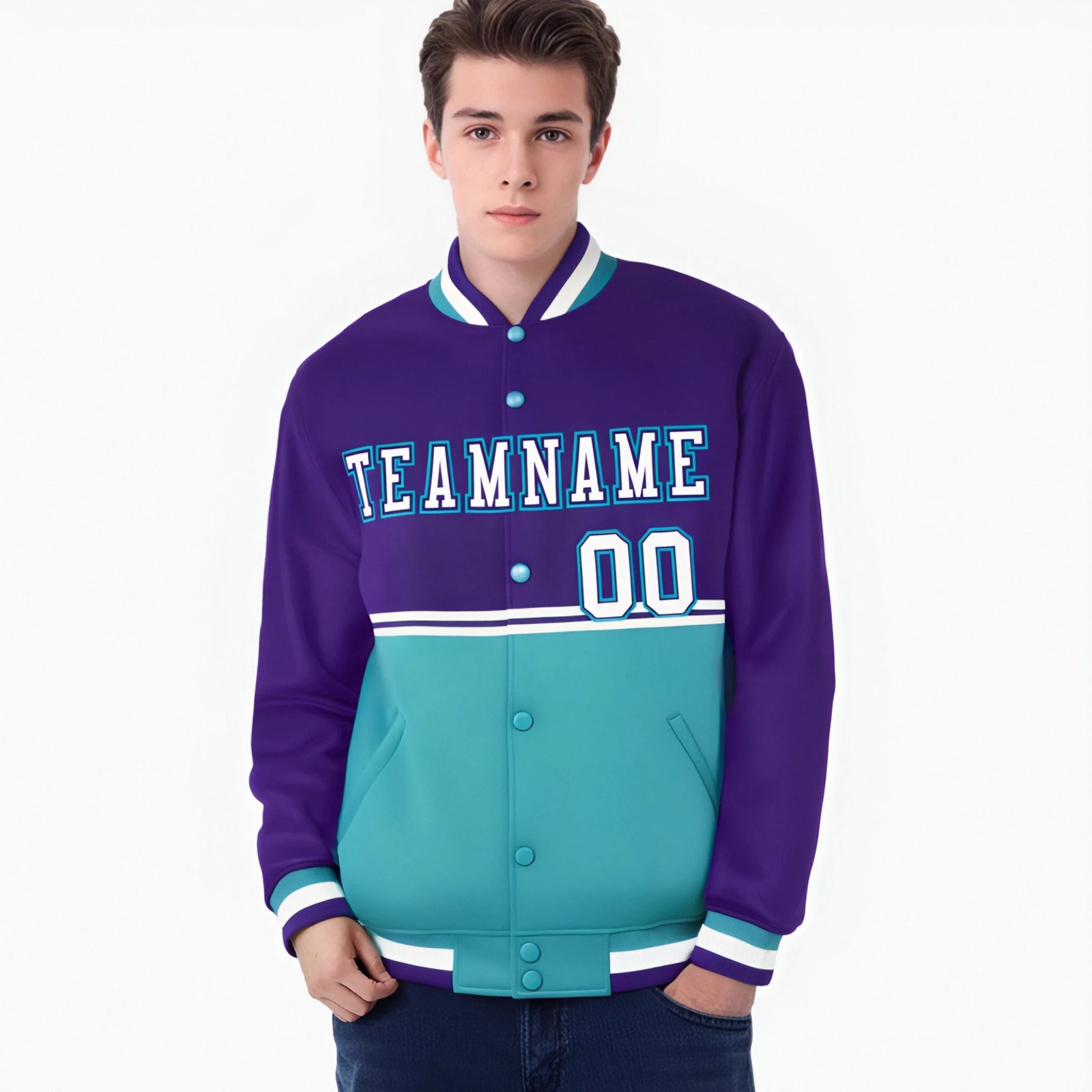 Custom Purple Aqua-Purple Varsity Full-Snap Letterman Color-Matching Split Fashion Jacket