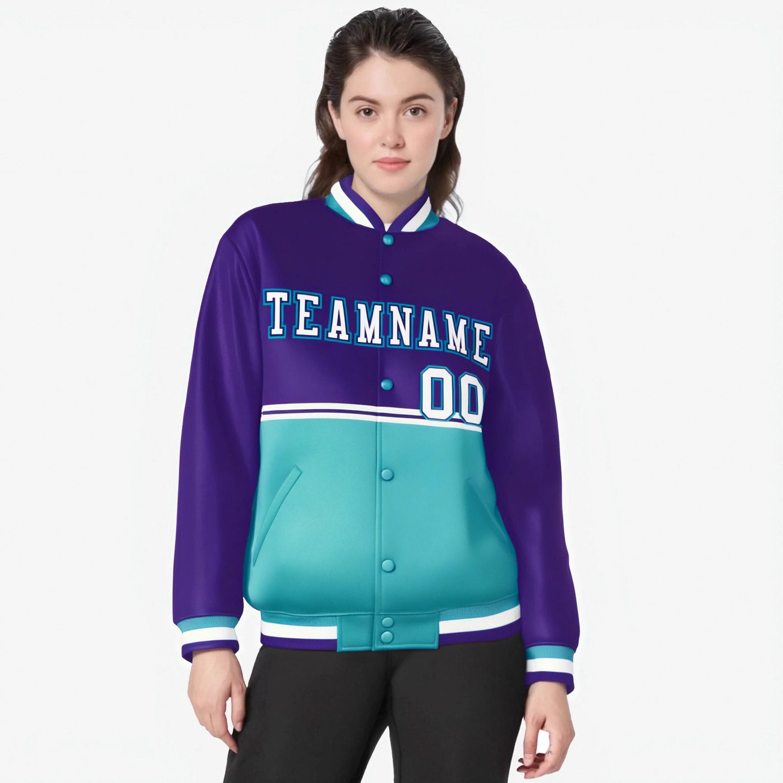Custom Purple Aqua-Purple Varsity Full-Snap Letterman Color-Matching Split Fashion Jacket