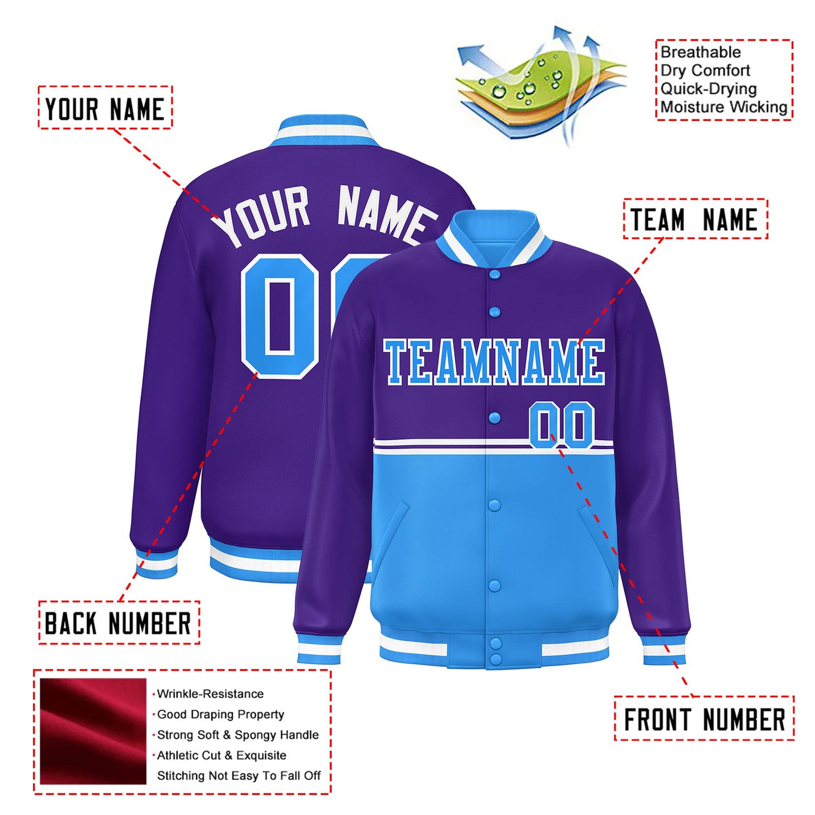 Custom Purple Powder Blue-Purple Varsity Full-Snap Letterman Color-Matching Split Fashion Jacket