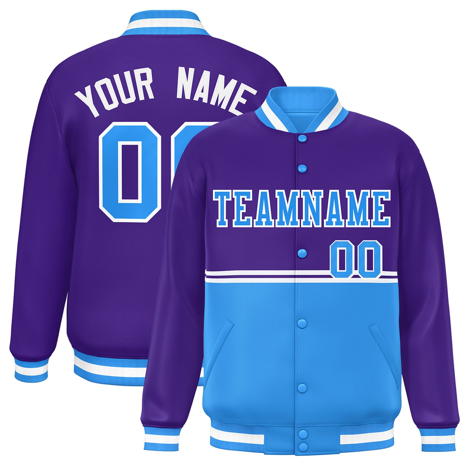 Custom Purple Powder Blue-Purple Varsity Full-Snap Letterman Color-Matching Split Fashion Jacket