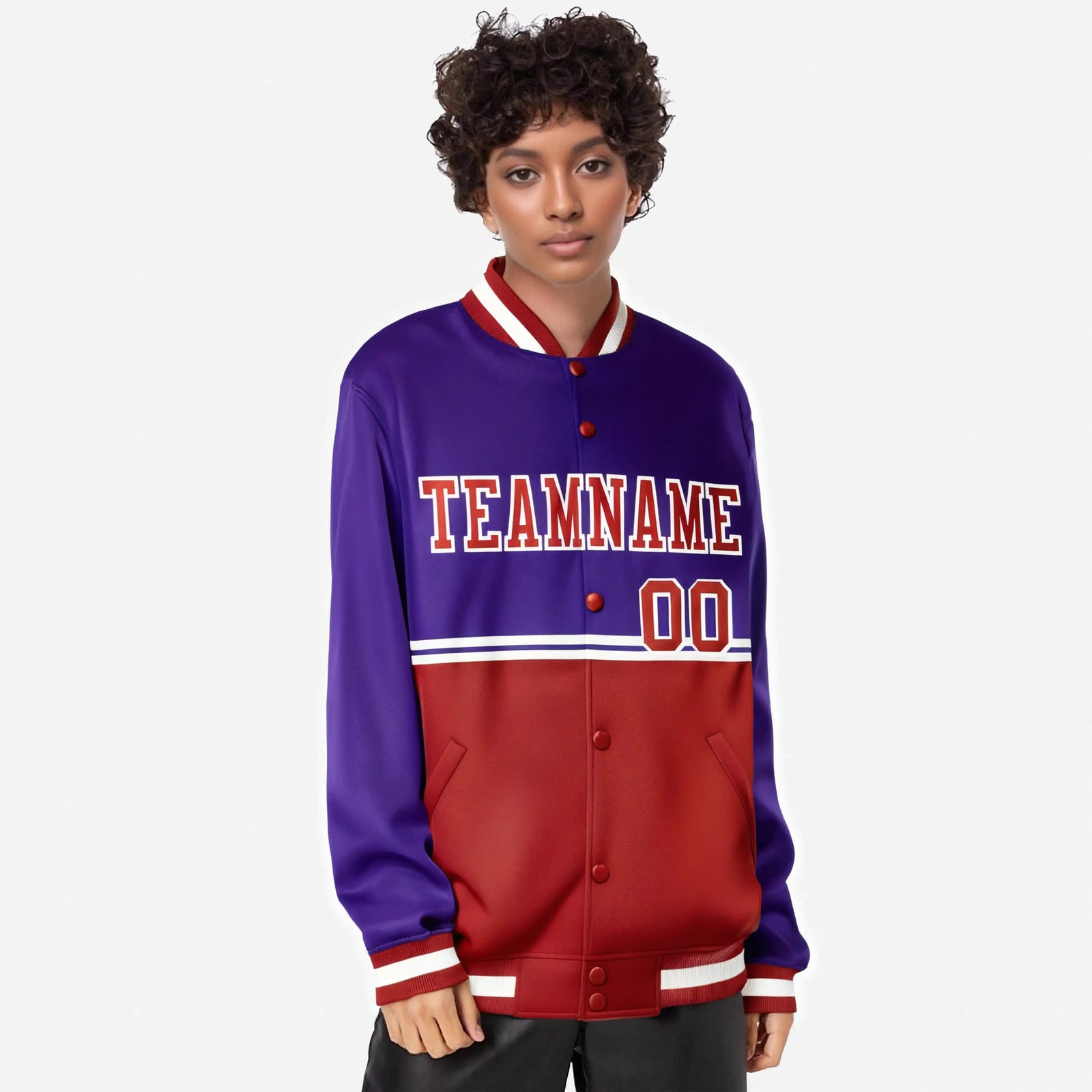 Custom Purple Red-Purple Varsity Full-Snap Letterman Color-Matching Split Fashion Jacket
