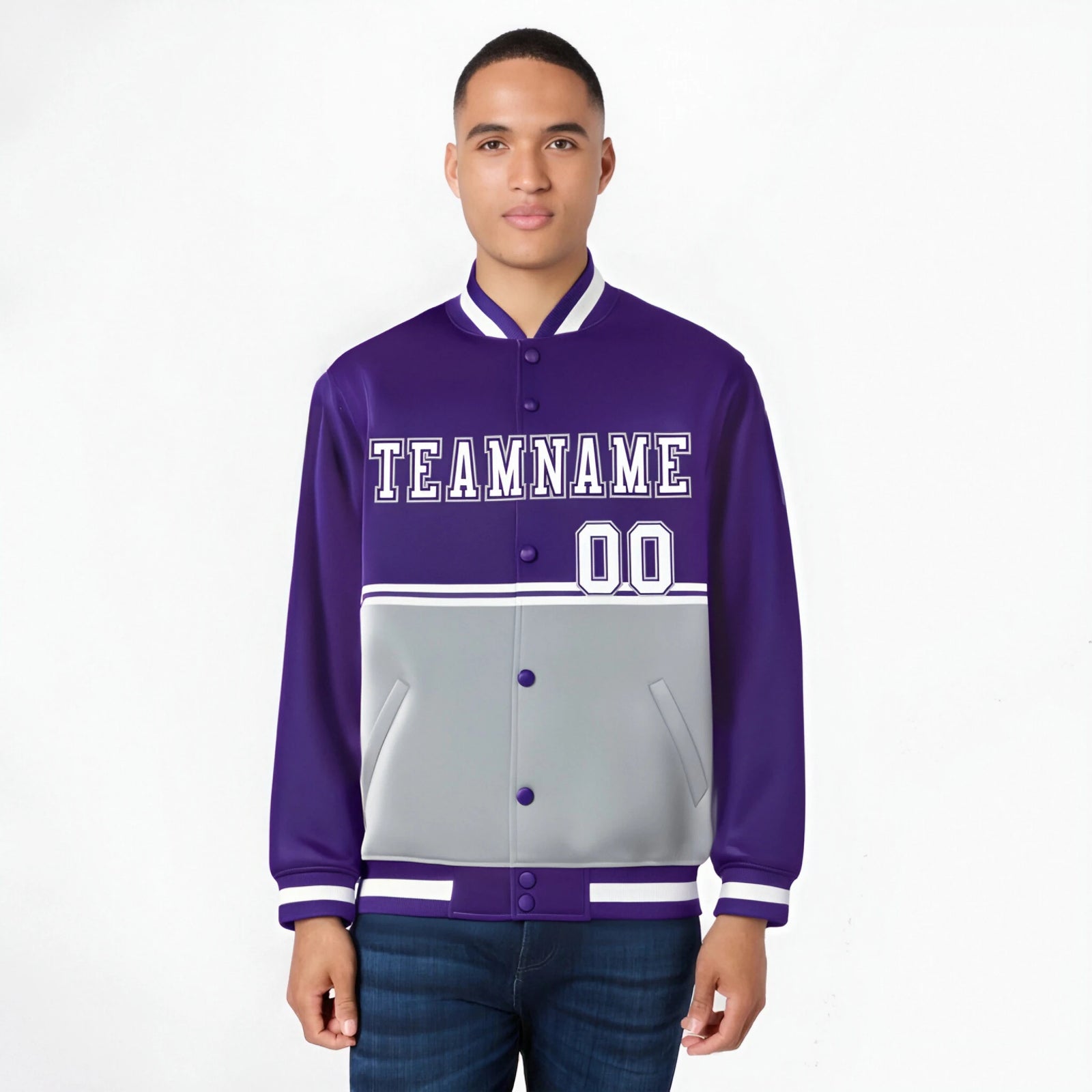 Custom Purple Gray-Purple Varsity Full-Snap Letterman Color-Matching Split Fashion Jacket
