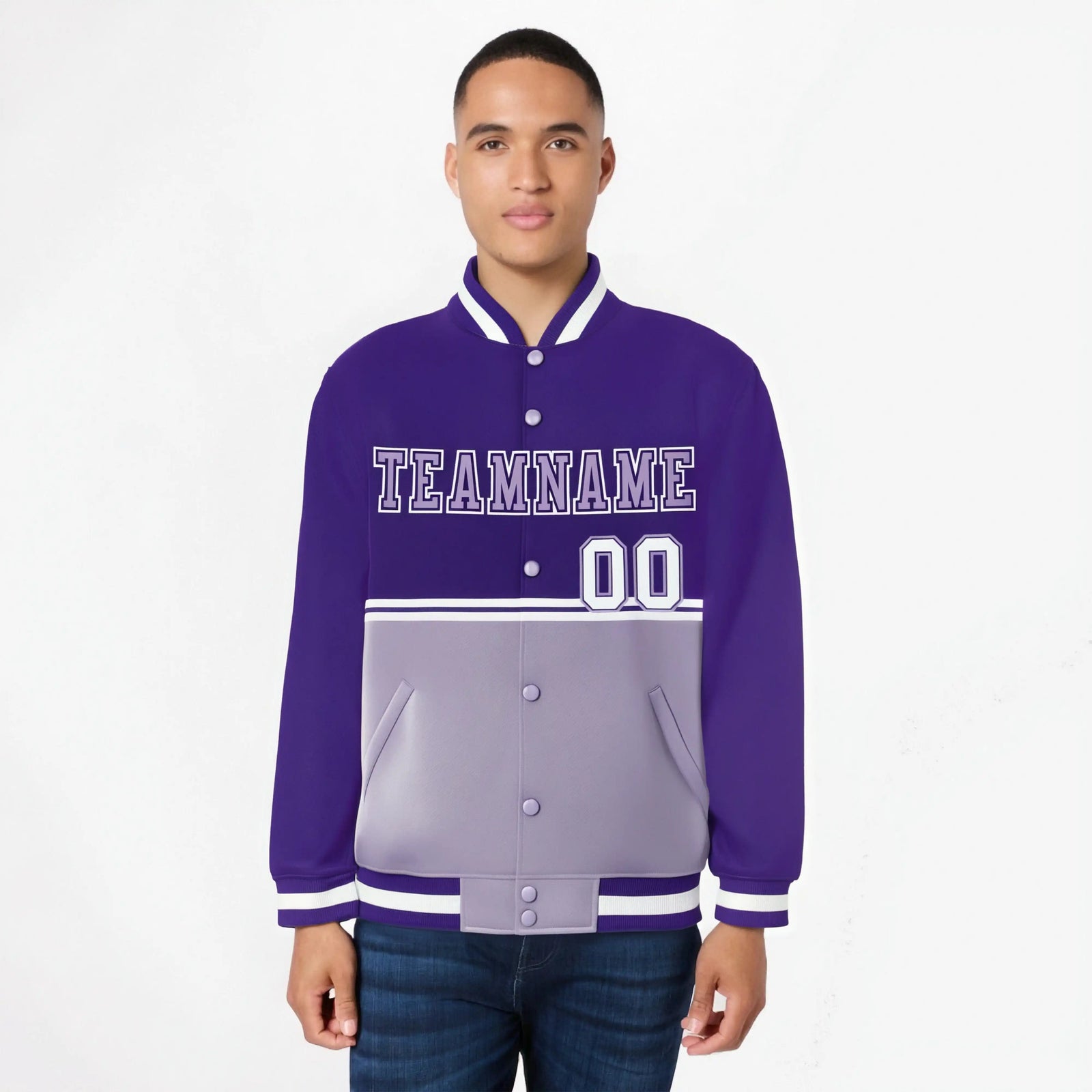 Custom Purple Light Purple-Purple Varsity Full-Snap Letterman Color-Matching Split Fashion Jacket