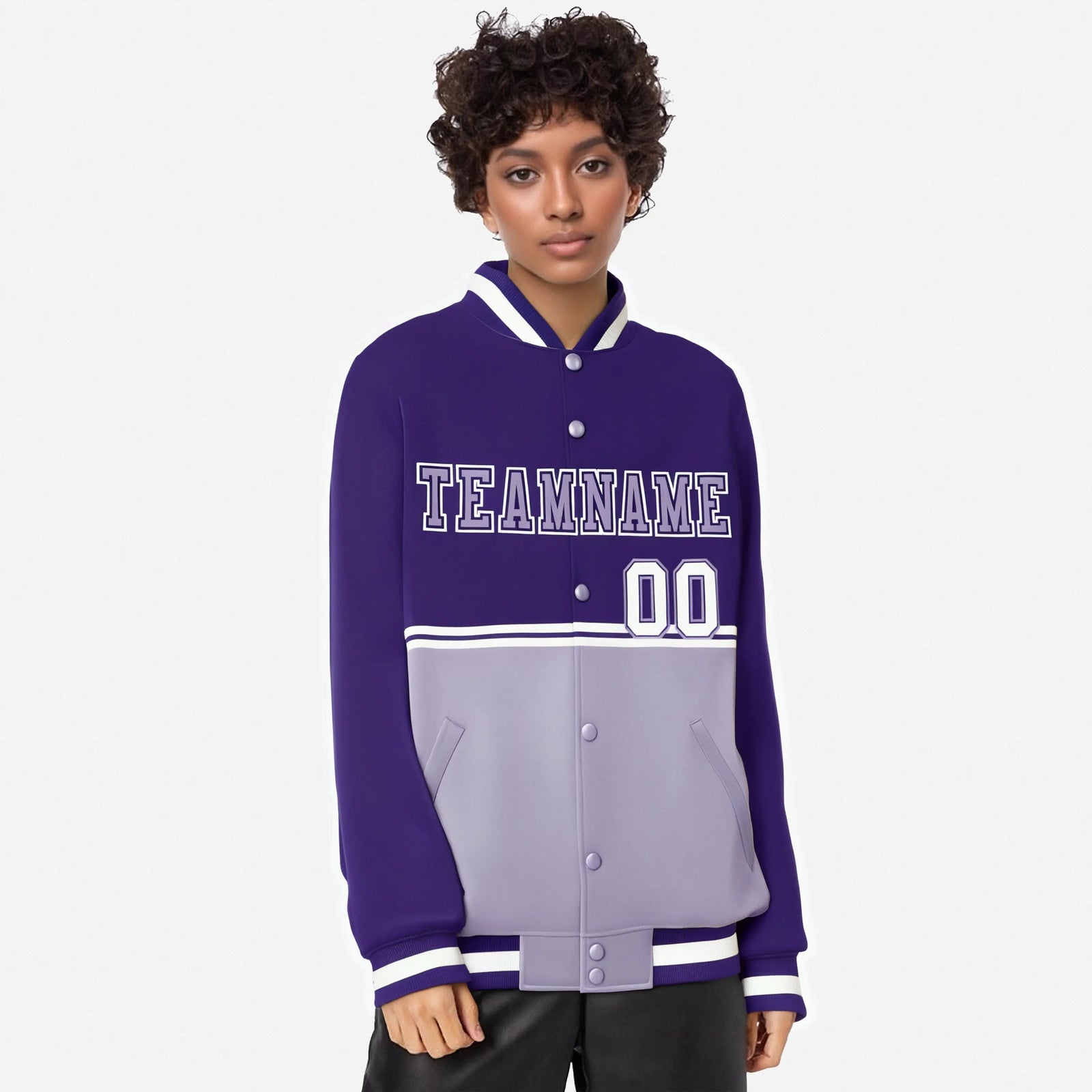 Custom Purple Light Purple-Purple Varsity Full-Snap Letterman Color-Matching Split Fashion Jacket