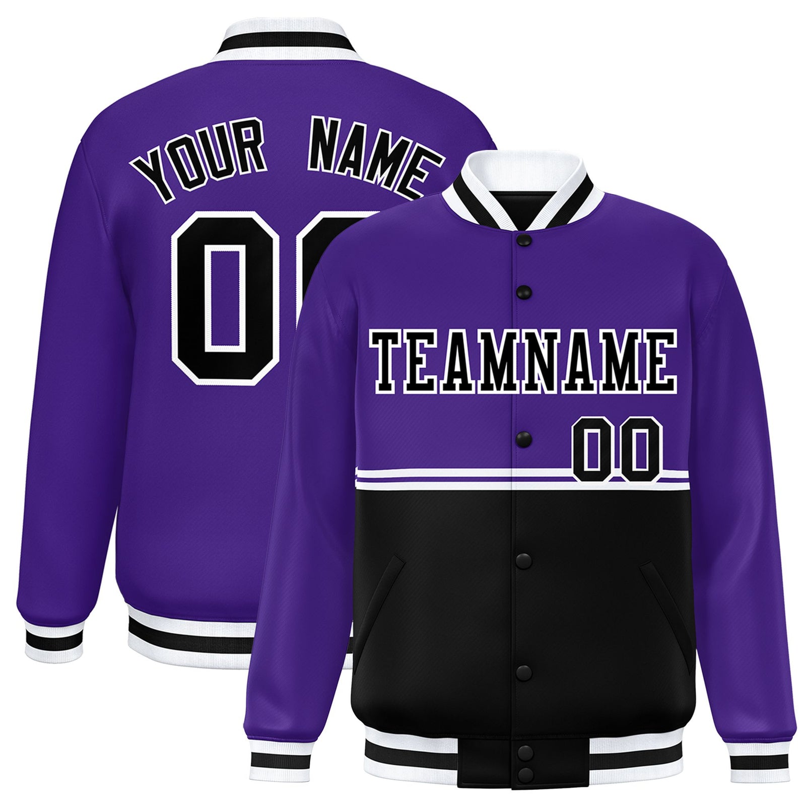 Custom Purple Black-Purple Varsity Full-Snap Letterman Color-Matching Split Fashion Jacket