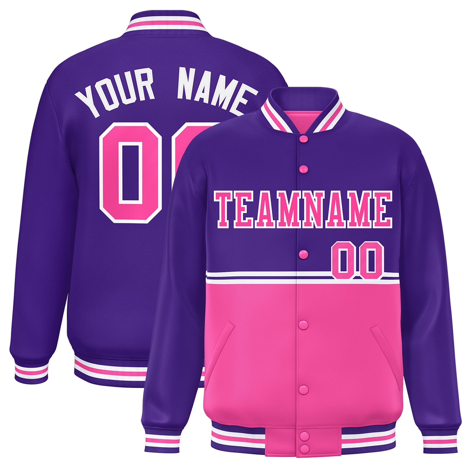 Custom Purple Pink-Purple Varsity Full-Snap Letterman Color-Matching Split Fashion Jacket