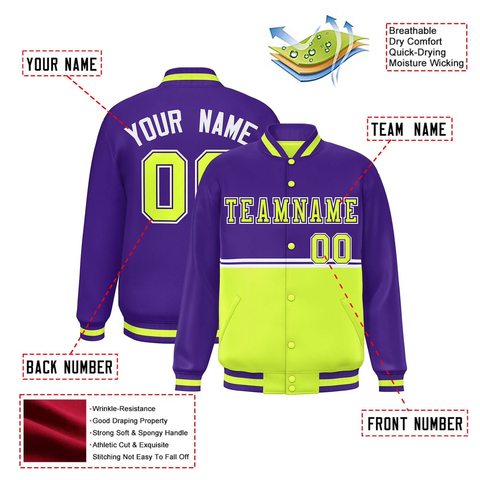 Custom Purple Fluorescent Green-Purple Varsity Full-Snap Letterman Color-Matching Split Fashion Jacket